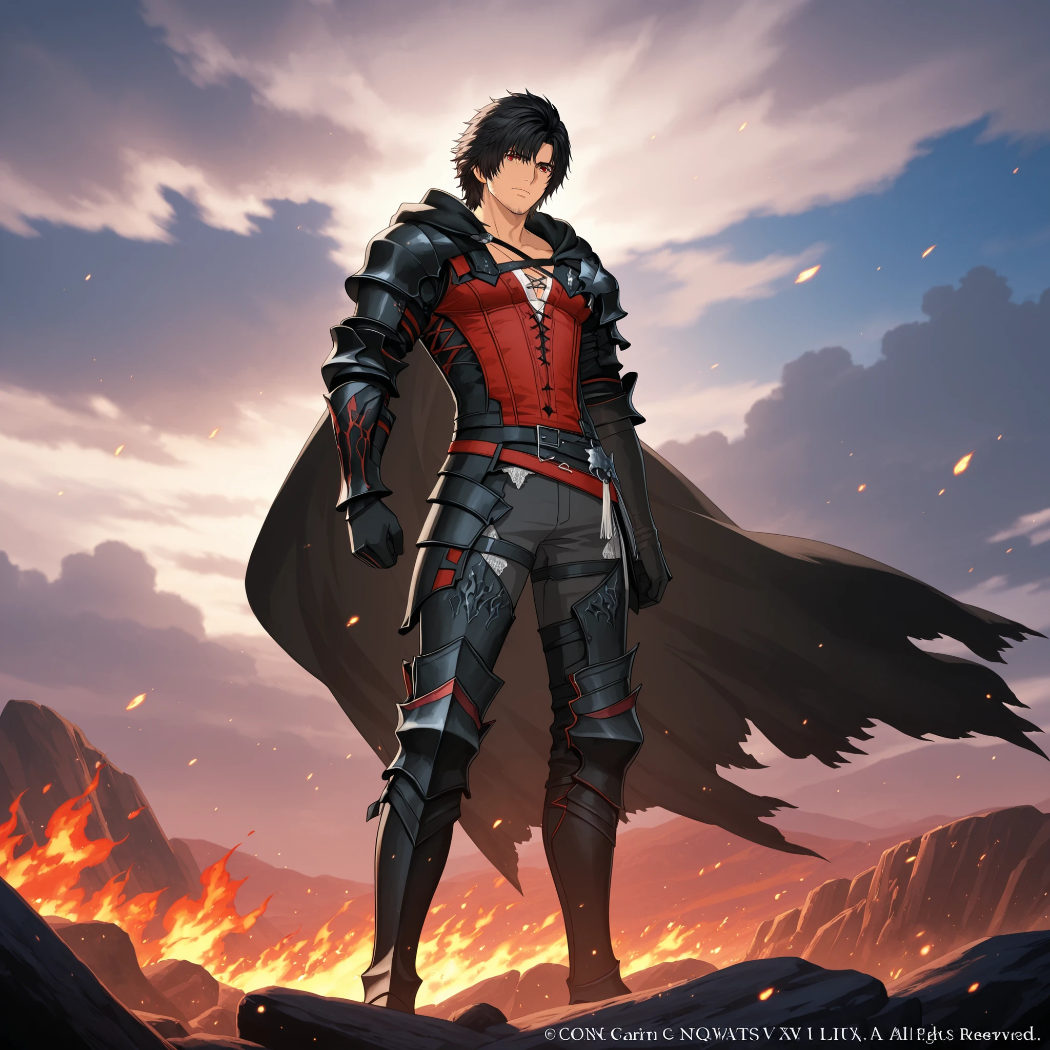Clive Rosfield from Final Fantasy XVI, anime style. A young man in his mid-20s with short dark hair, sharp red eyes, and a determined expression. He wears his black and crimson battle outfit with light armor and a long tattered cape fluttering in the wind. Flames of the Eikon Ifrit glow faintly around his hands as he stands on a rocky battlefield under a bright sky. Highly detailed anime art, dynamic lighting, glowing embers, strong composition, heroic posture, cinematic atmosphere.