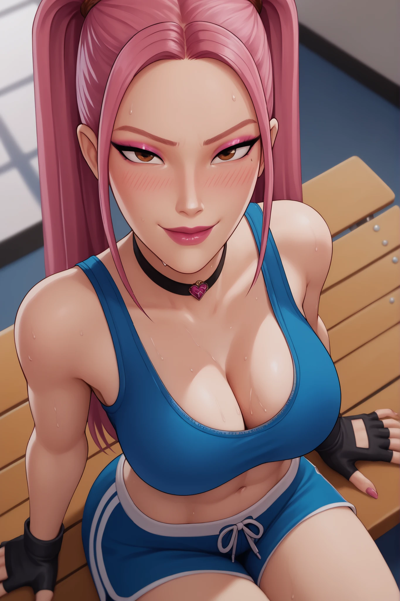 BREAK, score_6_up, score_7_up, score_8_up, score_9, 1girl, solo, kpdh_m1ra, long hair, dark pink hair, brown eyes, twintails, lipstick, makeup, official KPop Demon Hunters aesthetic, , busty, cleavage, curvy, athletic, looking at viewer, seducing viewer, teasing viewer,  expression, smiling, closed mouth, bedroom eyes, blue sports bra, blue gym shorts, black fingerless gloves, black choker, indoors, gym, sitting on bench, closeup, portrait, upper body, high-angle view, pink eyeshadow, sweaty, sweat drops, blushing 