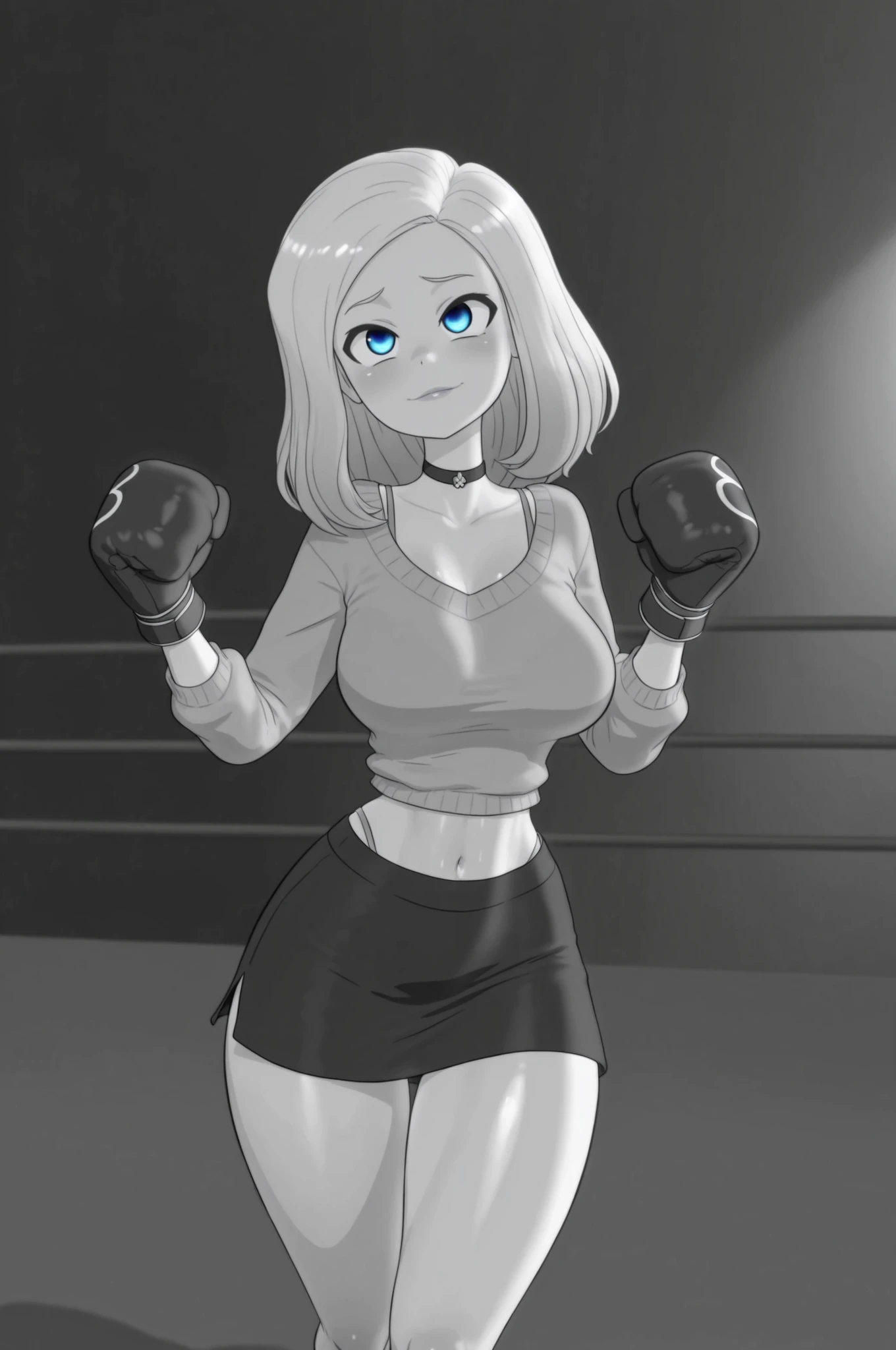 Ann Possible. ginger . ginger hair, medium hair . blue eyes . pink lips, medium saggy breasts, huge hips . slim body fair skin, mature woman, choker . | boxer in a boxing ring. Wearing sweater and panties.Wearing boxing gloves. skirt, lensflare, (curvy) and (fit:1.3) body, 1 girl, Beautiful Nose,Beautiful character design, perfect eyes, perfect face,expressive eyes,perfect balance, (Focus on her face),closed mouth, (innocent_big_eyes:1.0),(Light_Smile:0.3),perfect lighting,Colorful, Bright_Front_face_Lighting, (masterpiece:1.0),(best_quality:1.0), ultra high res,4K,ultra-detailed, photography, 8K, HDR, highres, absurdres:1.2, Kodak portra 400, (vibrant_color:1.2),professional photograph, ((large thighs)), (beautiful_face:1.5),(narrow_waist),(intense face), ((((running)))) ((fighting stance))