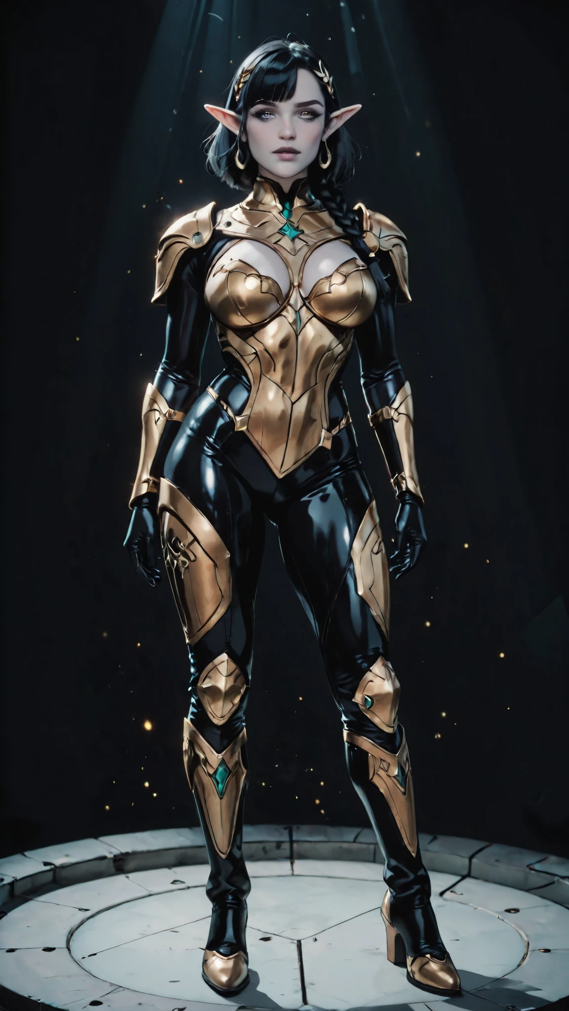 masterpiece, ultra highres, best quality 1 girl, elf, mature female, curvy figure, venus body type, thick thighs, wide hips, large breasts, toned calves, perfect feminine proportions, deep clivage, pale skin, (black hair, medium asymmetrical blunt bob, long eloborated one side braid ,hair tube), (blue eye with subtle eye glow effect), pointy long ears, doe eyes, long black coloured eyelashes, defined eyebrow, thin snobe nose, full lips, kissable lips, elven features, elegant face, (elven silver head ornament),(wearin a black leather body suit) under a  brown leather light armor set, knee-high boots, A-pose, full body shot, frontal view, standing pose, confident pose,dramatic lighting, sharp shadows,  strong glowing highlights, high contrast, rim lighting, 3D render, cel shading, 3d render style, realistic anime art style,adult anime, dark fantasy,soft shading, (empty plain black background), studio lighting, professional photography perfect skin, flawless complexion, subtle blush, glossy lips, detailed skin texture, subsurface scattering