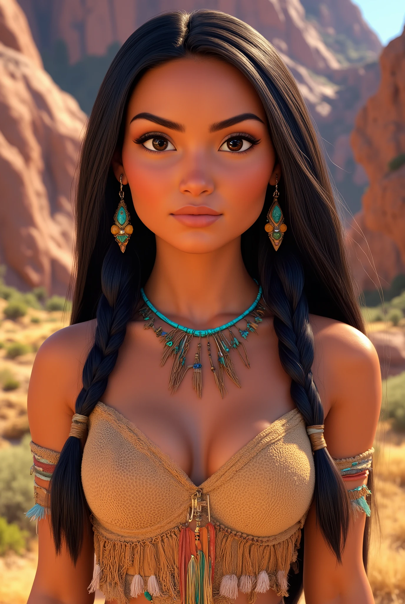 RAW digital art, ultra-realistic 3D render of a stunning woman resembling Native American Woman, Pocahontas, Close-Up portrait, ((young woman)), ((highly detailed face:1.3)), ((perfectly portioned body, perfect female figure:1.3)), ((skinny, slim waist, narrow hips:1.3)), ((seductive gaze)), ((flawless skin texture, long eyelashes, expressive eyes with subtle reflections, makeup)), ((perfect breasts, medium breasts:1.4)), ((smooth yet detailed hair strands, long dark as night hair, shiny hair: 1.2)), soft shadows and cinematic studio lighting, Pixar-inspired style blending vibrant colors with realistic details, ((wearing a hand-beaded buckskin dress with turquoise jewelry inspired by Navajo designs:1.25)) standing atop a sandstone cliff, wind blowing through her long braids, vast desert canyons stretching below, background softly blurred with warm tones, (8K resolution, intricate textures, sharp focus)