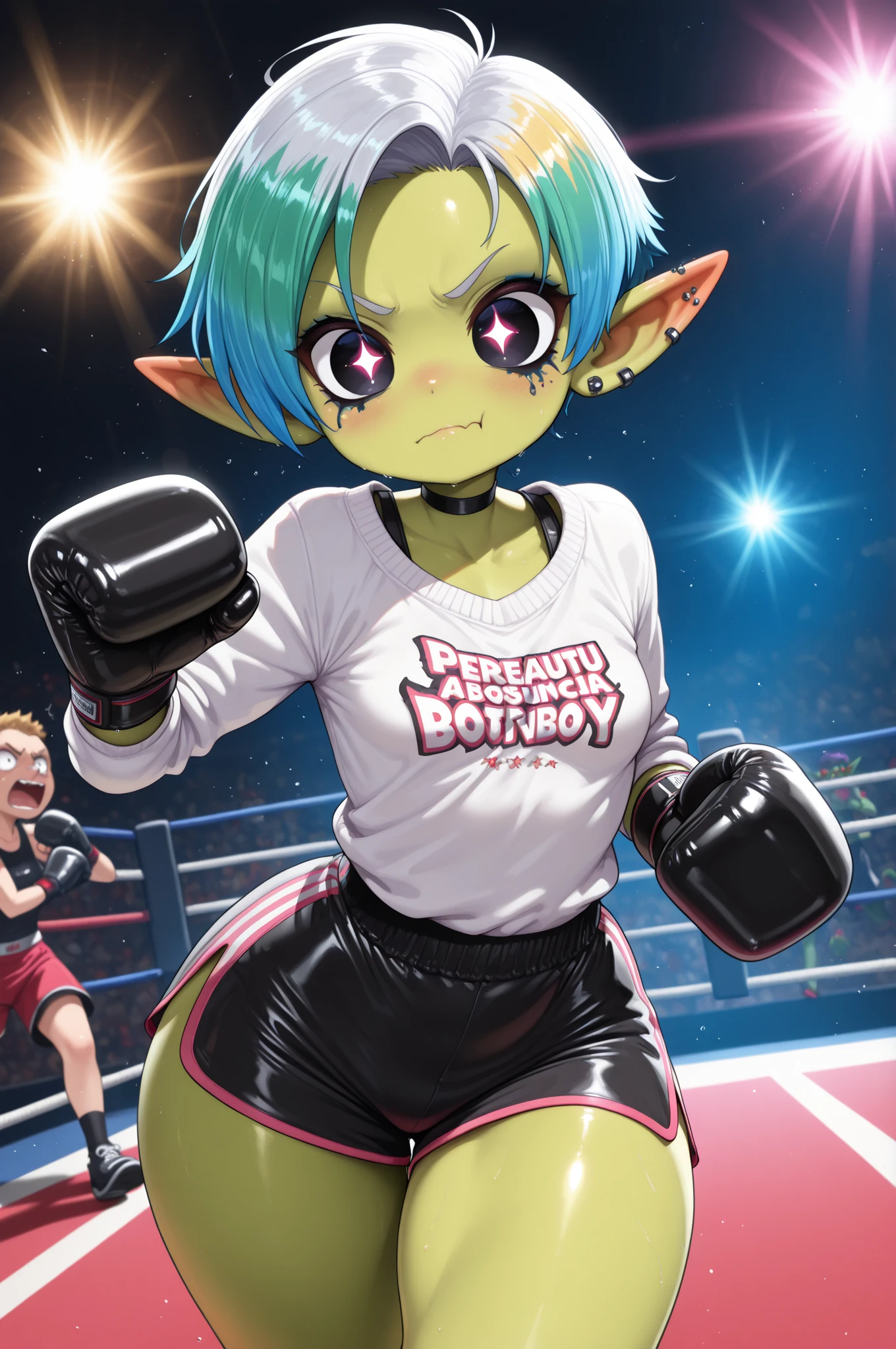 female punk, random colors hair, black eye , facial piercings, eye makeup, small breasts, meduim hips, (goblin femboy:1.0) (shortstack:1.0) (green skin:1.0) (pointy ears:1.0) (wide hips:1.0) boy. crossdressing, femboy. huge hips, very short hair. Bouffant. femboy. choker.| boxer in a boxing ring. Wearing sweater.Wearing boxing gloves. boxing shorts, lensflare, (curvy) and (fit:1.3) body, 1 girl, Beautiful Nose,Beautiful character design, perfect eyes, perfect face,expressive eyes,perfect balance, (Focus on her face),closed mouth, (innocent_big_eyes:1.0),(Light_Smile:0.3),perfect lighting,Colorful, Bright_Front_face_Lighting, (masterpiece:1.0),(best_quality:1.0), ultra high res,4K,ultra-detailed, photography, 8K, HDR, highres, absurdres:1.2, Kodak portra 400, (vibrant_color:1.2),professional photograph, ((large thighs)), (beautiful_face:1.5),(narrow_waist),(intense face), ((((running)))) ((fighting stance))