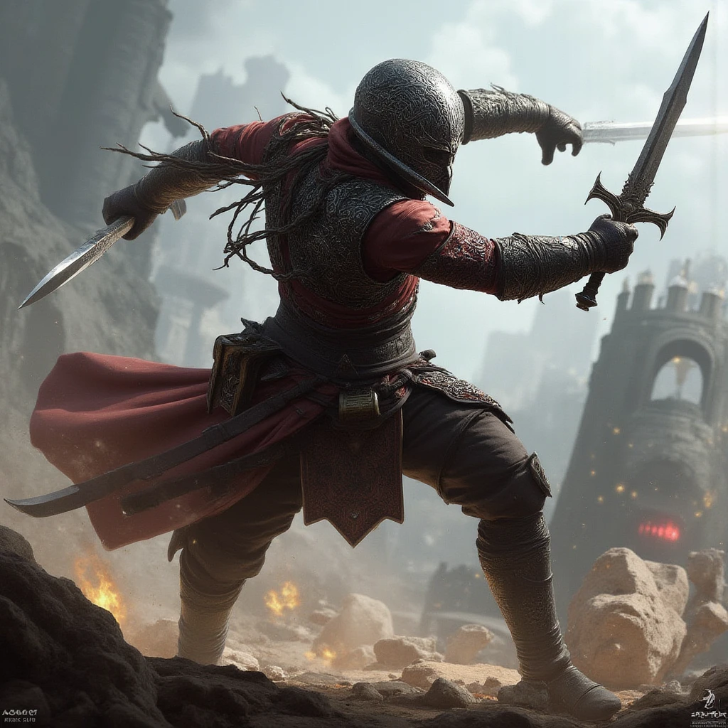 (anime style, high detail, dynamic composition, the final showdown between Blade and Dracula, intense swordplay, dramatic angles, high stakes, ruins of a gothic castle in the background)