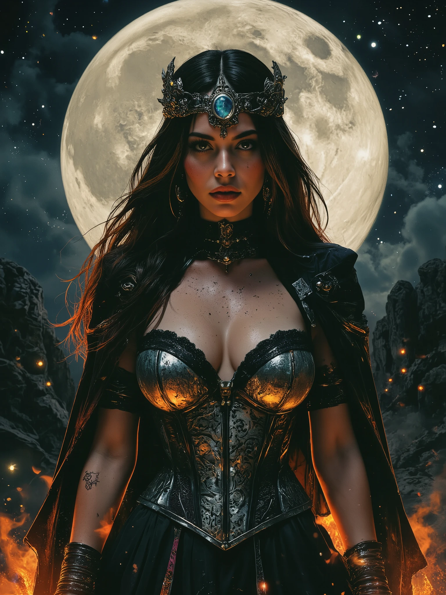 Award winning expressionist dark fantasy art of a beautiful powerful female goddess of the moon, epic pose, onyx colored hair, ultra detailed, lots of details, HDR, luxury holographic dark silver corset dress, cloak, complex patterns, ancient calligraphy, black headdress, decorations, detailed face, natural skin texture, dark colors, saturated, 6 colors, night scene, moonlight illumination, nimbus, skin texture, fire elements, full body shot of Selene goddess riding in a black and silver chariot through the night sky full of bright stars, crown of stars with a moonstone center giving off eldritch light, highly detailed, surreal, magical and dreamlike atmosphere, cinematic lighting, ethereal glow, mystical aura, cosmic energy, striking beautiful young face, 8K resolution