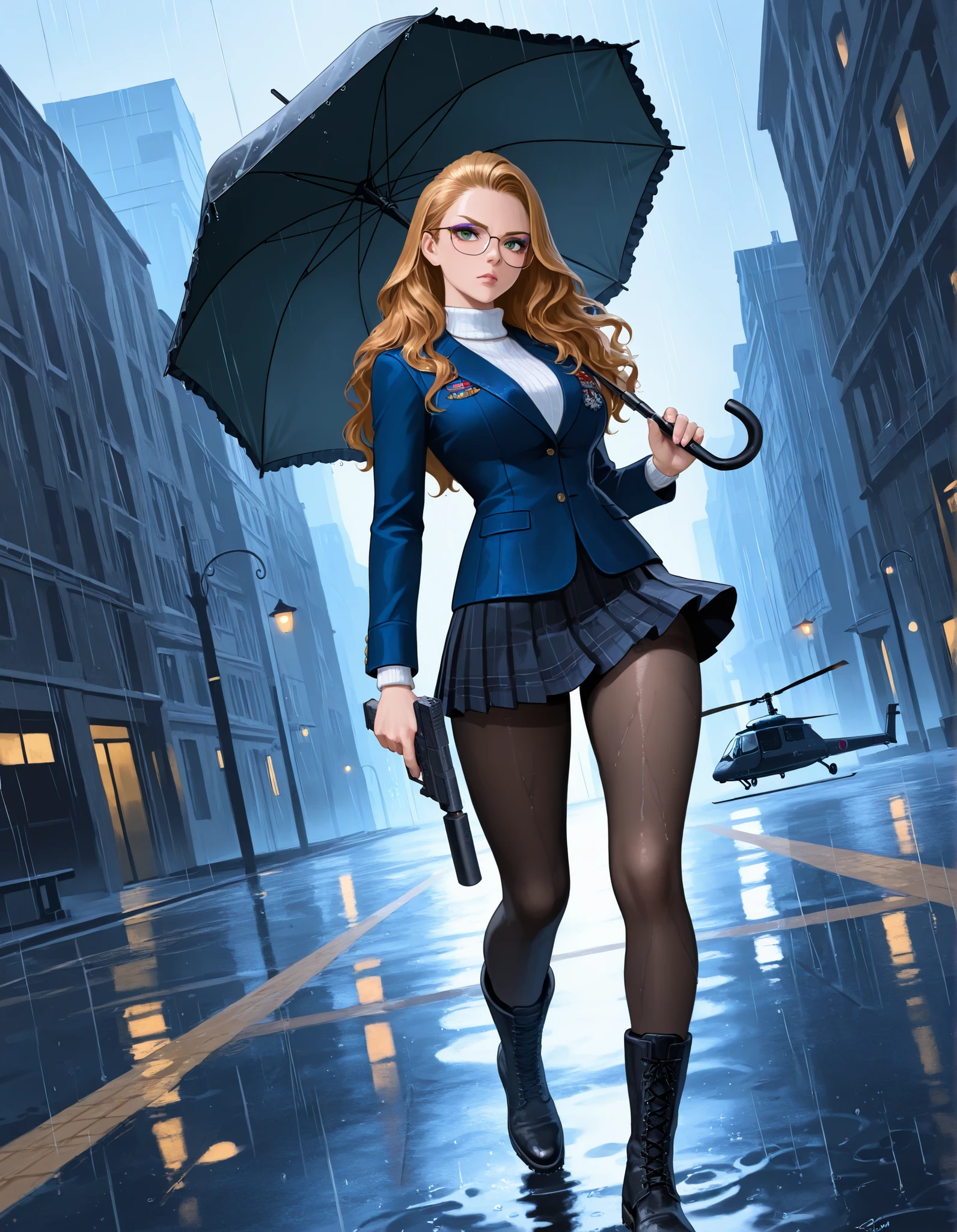 masterpiece, best quality, ultra-detailed, absurdres, highres, cinematic realism, 1female, solo, 29-year-old female, British field agent, serious expression, (red wavy hair in side pigtail:1.2), emerald green eyes, subtle makeup, natural lips, (wearing glasses), inspired by Diana Rigg, Julie Andrews, Anna Williams (Tekken), and Scarlett Johansson, dressed in a navy blue jacket over a black pinstriped sweater, dark blue pleated miniskirt, full black tights, black combat boots, realistic physique, perfect anatomy, dynamic kung fu stance under rainfall, one hand holding a GLOCKG pistol with suppressor, the other holding a high-tech weaponized parasol that doubles as a mini helicopter rotor, rain-slicked London street background, mist and light reflections, cinematic lighting, tense espionage mood, dutch angle, volumetric light beams, wet asphalt reflections, 50mm lens depth, motion blur from rotating parasol blades