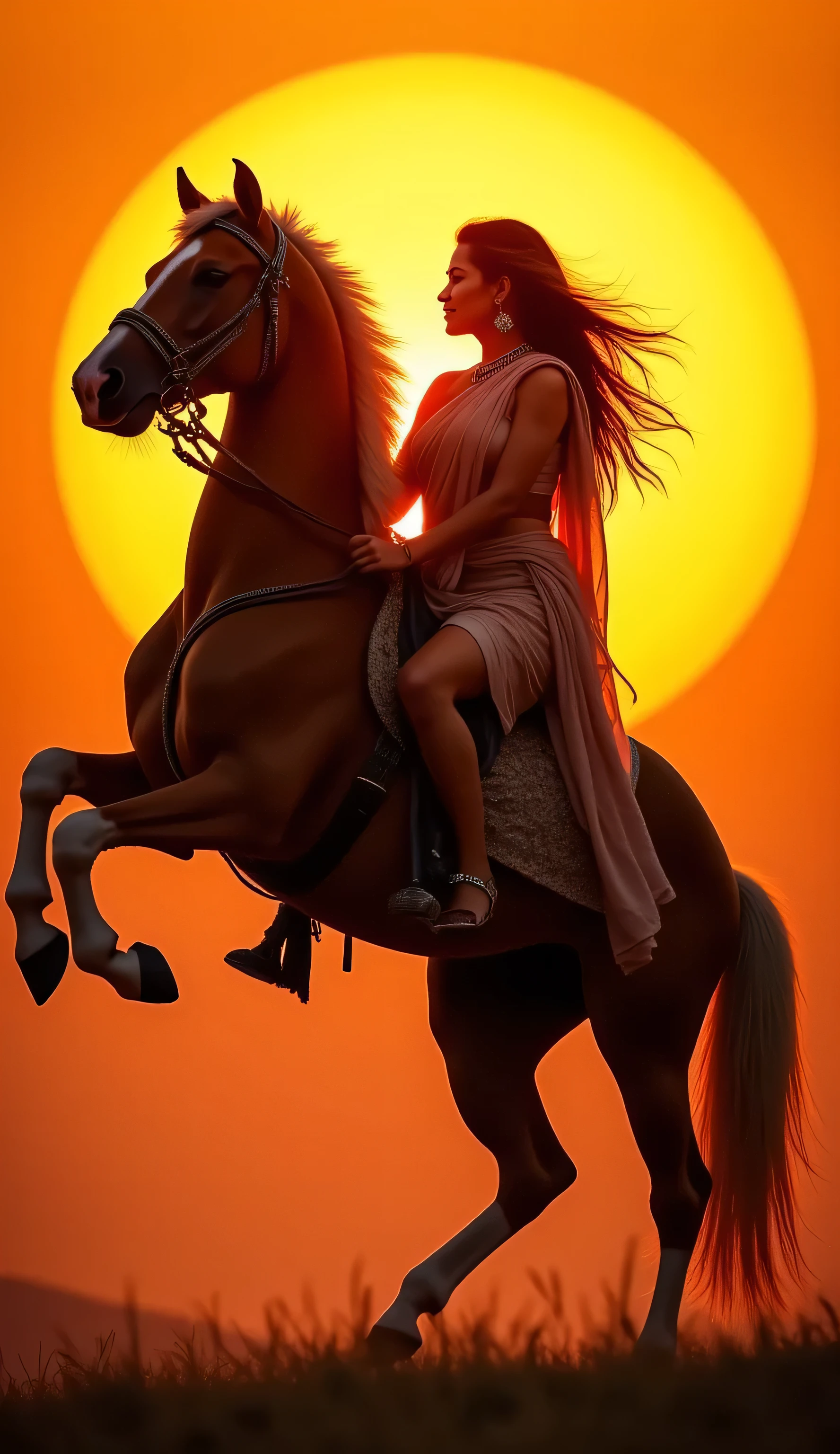powerful woman silhouette with saffron sunburst behind, powerful and proud aura, dramatic lighting, riding a rearing majestic stallion wearing saree, dramatic side view, long shot, afar view, full view,