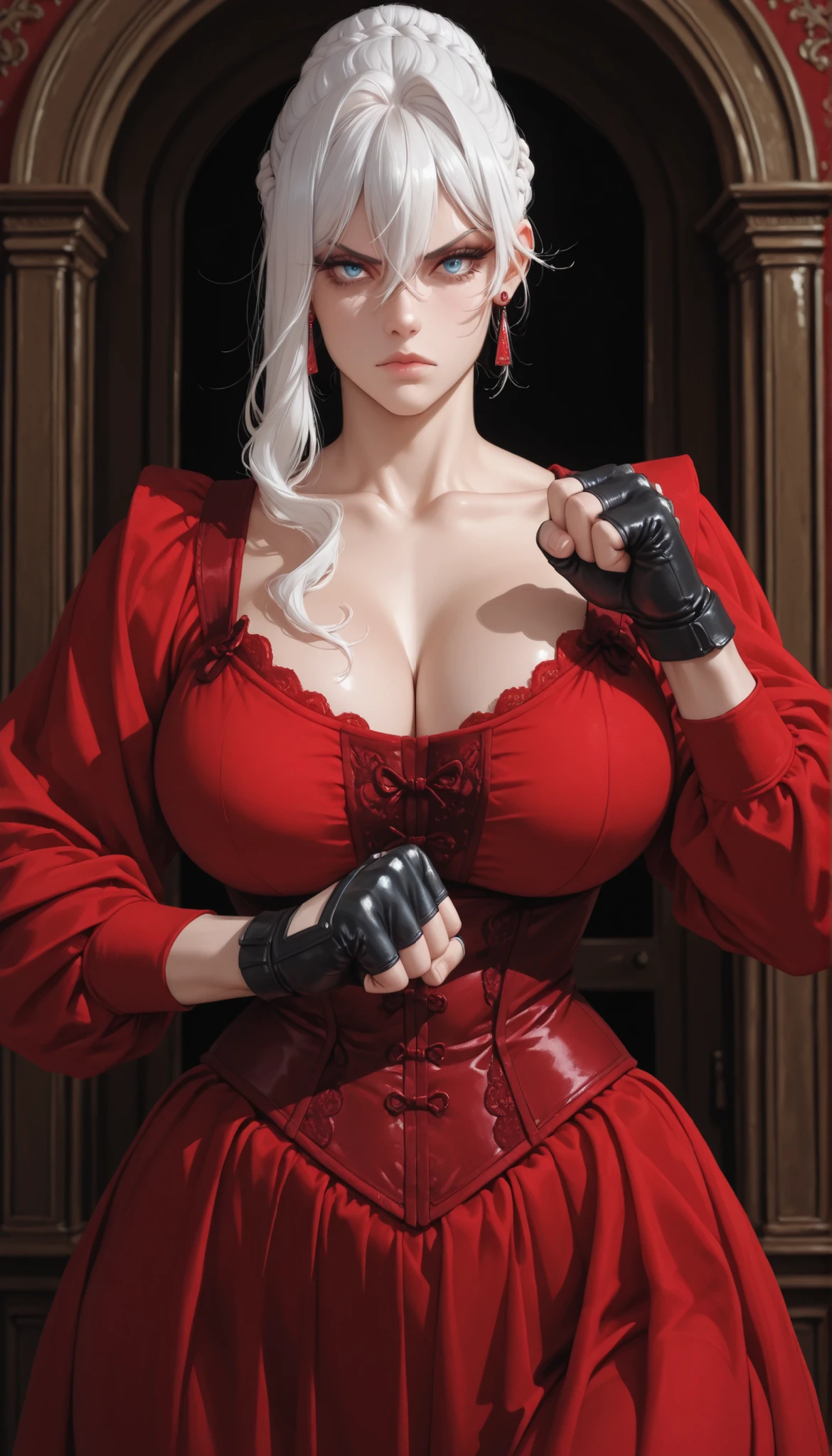 white hair, long hair, braid, braided bun, single hair bun, hair between eyes, blue eyes, 1girl, solo, earrings, jewelry, collarbone, looking at viewer 
fingerless gloves, black gloves, , thick muscular thighs, wide curvy , voluptuous body, Curvy body, thicc woman, victorian dress red, red corset, red skirt, red dress, long sleeves, earrings, collarbone, front view, grabbing her fist to punch someone, upper body 