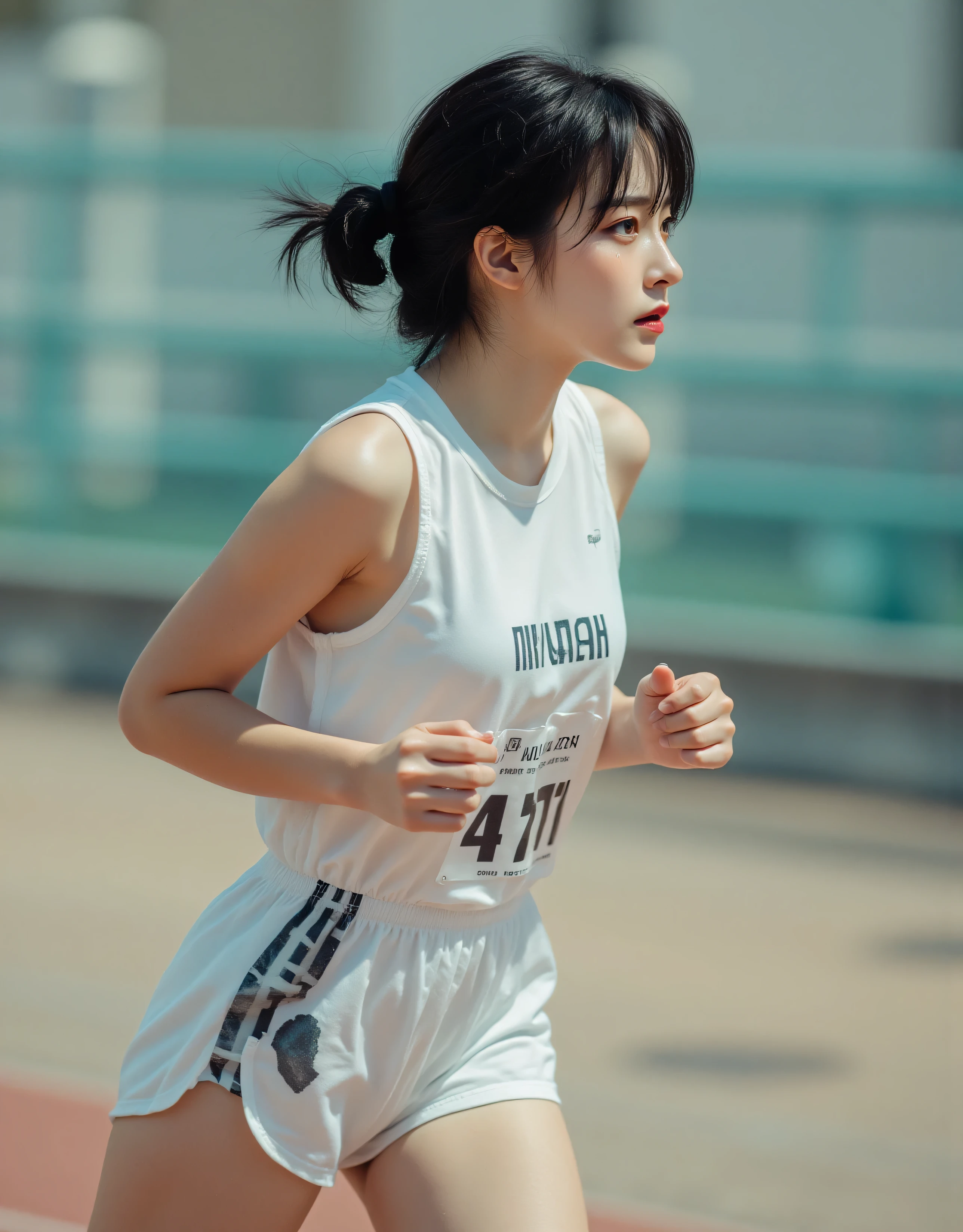 
hyper realistic, imagen cuerpo completo  masterpiece, Highest quality, high resolution, side view, black hair a girl in a marathon is still wearing a white athlete's uniform, with the number 777, she runs her shoes pink on the floor, time stands still, the sweat on her forehead, she is focused on winning is a high-quality science-fiction film scene, space people stopped time, because she is thinking about losing.  [ full body image Pretty innocent looking girl, minor, hermoso realistic face, Well detailed, full lips always red, very shiny black short hair bangs, beautiful light brown eyes, realistic face, her small flat breasts, Her small hands, perfect and clean details and her small feet delicate soft perfectly proportional and slightly elongated, is a very detailed and accurate image, masterpiece, Better Quality, ultra detailed,  8k resolution , professional photography, intricate details, perfect lighting, cinematic lighting, hdr, Vibrant Colors, intense colors, very detailed, incredibly detailed, sharp details, perfect composition, professional artwork, trend in Artstation, U Ray tracing, global lighting Professional anatomy, perfect hands, fingers, perfect feet, Natural poses, symmetrical features, Flawless skin]  





