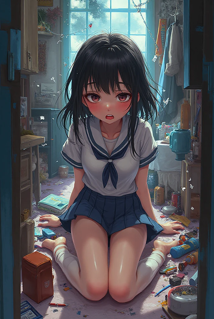 daytime, sunlight, 1 girl, 8K resolution, blue hair, blue eyes, glowing eyes, white short skirt, Blush, Cheongsam costume, sleeveless shirt, sunlight, Wet from the rain, seethrough, Sit with your knees raised, ?????, Spread your legs slightly, smile, the skirt is lifted up, highest quality, High resolution, highly detailed face, perfect lighting, highest detailed CG, (perfect hands, perfect ???????), mini yaemori, perfect figure, in love expression, ??????????, armpit, medium ??????,