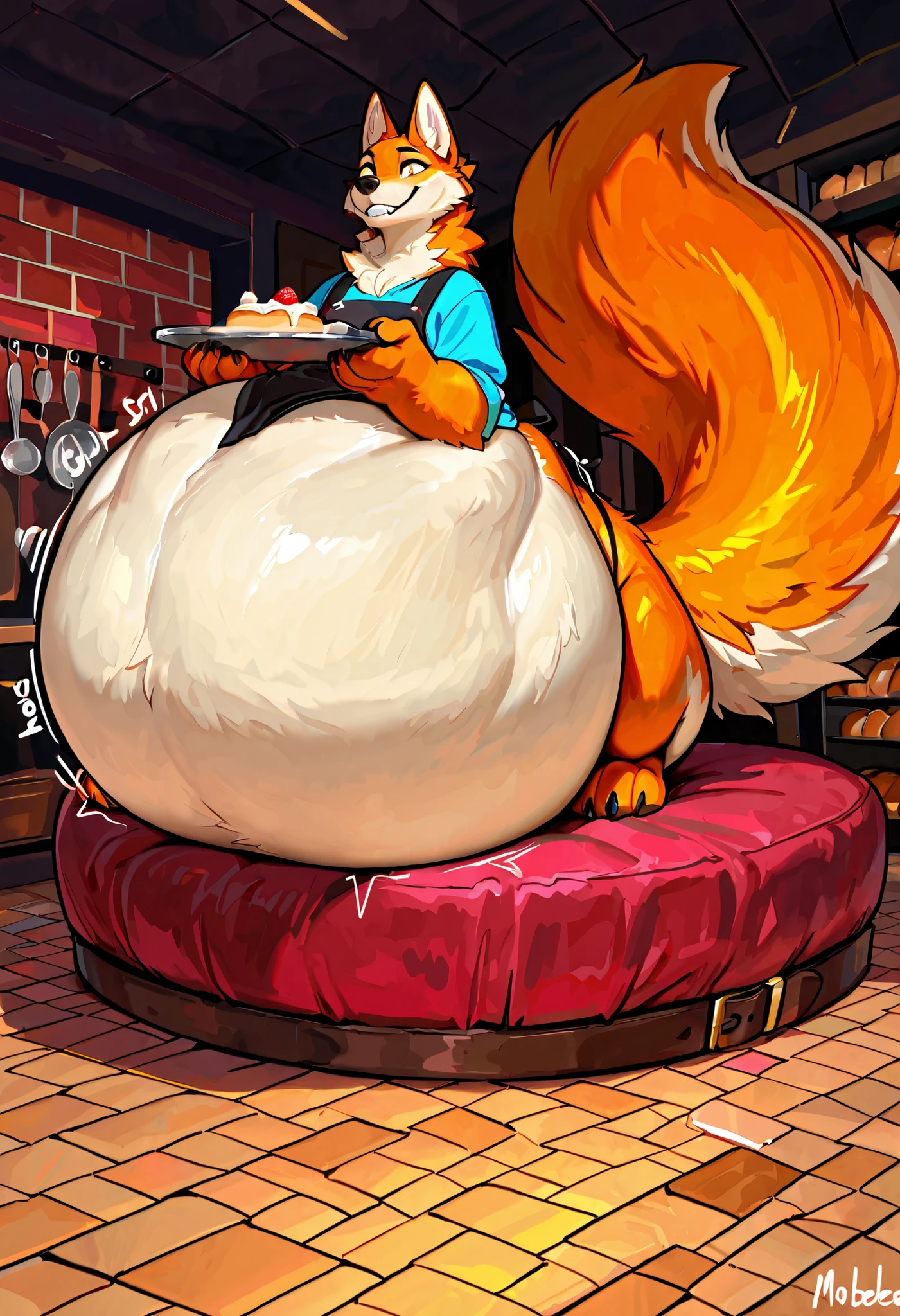 4k ultra quality, 4k full body view,(ultra high detailed body),(wolf taur:1.3),by mystikfox61, by glitter trap boy,feral paws, by bebebebebe,by morethreedee, by seibear,sharp nails,((sfw)),(ultra detailed face),detailed eyes,big tail,(hyper tail:1.2),(detailed tail),fluffy belly,enomorous tail,bigger tail,huge tail,volumetric light,fluffy paws,(wolftaur), beast,(bigger lower body),(thick legs:1.2),(thick paws),master works, super fine, 4k resolution, high quality,high picture detail,illusory engine, Masterpiece,enomorous taur belly, huge taur belly,(hyper belly:1.1),(wearing shirt),((smaller head)),((enomorous body)),(thick paws),(light orange fur),cream belly fur,creae taur belly fur,big mouth,belly bed,lying,mouth open,big packs,leather belts,multiple belts,(pastel style),in a bakery,(apron),carrying a tray,struggling belly, stretchy belly, tight bulges, struggling stomach, writhing belly,(sitting),(vore:1.5),(plug),hugging belly