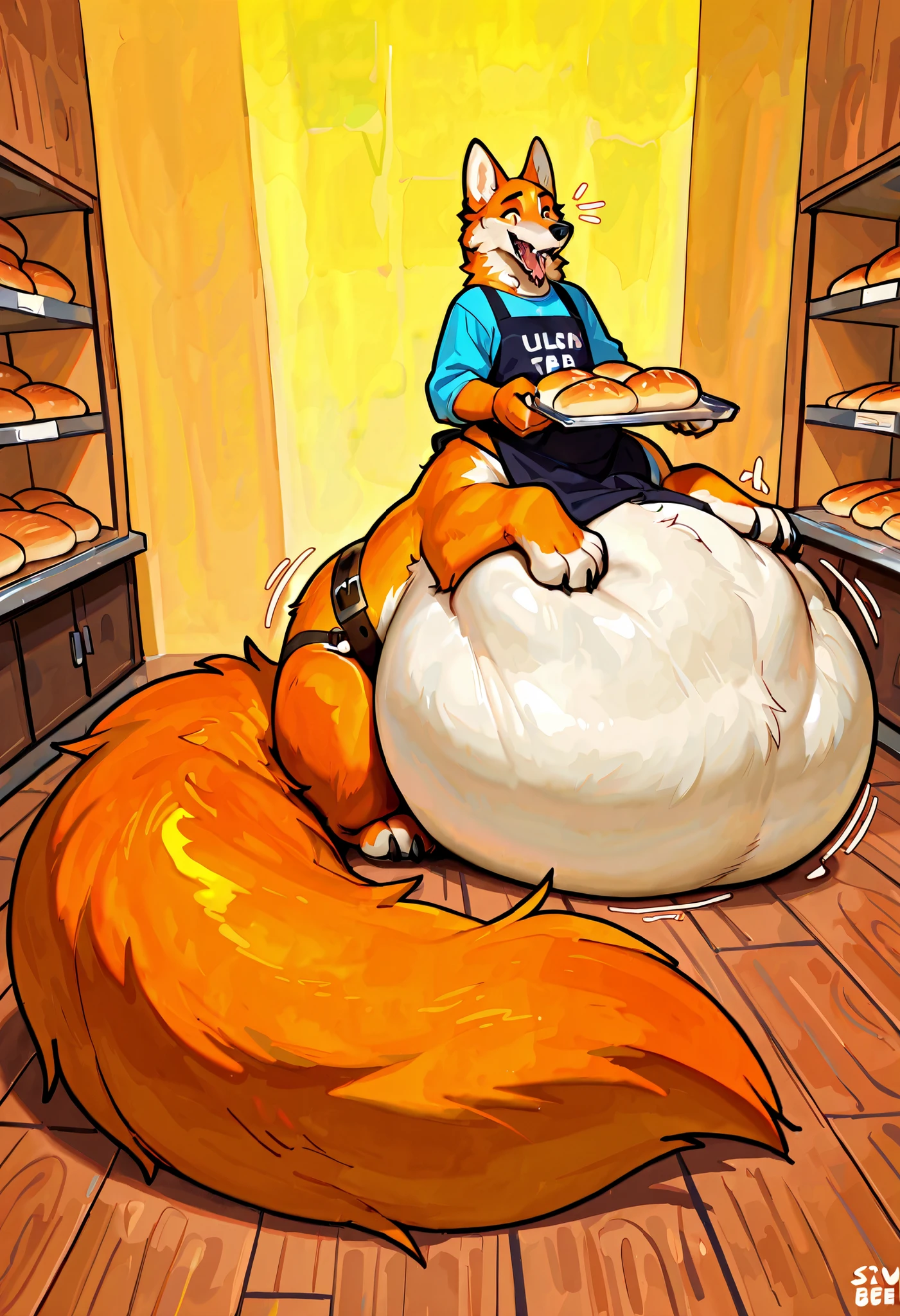 4k ultra quality, 4k full body view,(ultra high detailed body),(wolf taur:1.3),by mystikfox61, by glitter trap boy,feral paws, by bebebebebe,by morethreedee, by seibear,sharp nails,((sfw)),(ultra detailed face),detailed eyes,big tail,(hyper tail:1.2),(detailed tail),fluffy belly,enomorous tail,bigger tail,huge tail,volumetric light,fluffy paws,(wolftaur), beast,(bigger lower body),(thick legs:1.2),(thick paws),master works, super fine, 4k resolution, high quality,high picture detail,illusory engine, Masterpiece,enomorous taur belly, huge taur belly,(hyper belly:1.1),(wearing shirt),((smaller head)),((enomorous body)),(thick paws),(light orange fur),cream belly fur,creae taur belly fur,big mouth,belly bed,lying,mouth open,big packs,leather belts,multiple belts,(pastel style),in a bakery,(apron),carrying a tray,struggling belly, stretchy belly, tight bulges, struggling stomach, writhing belly,(sitting),(vore:1.5),(plug),hugging belly