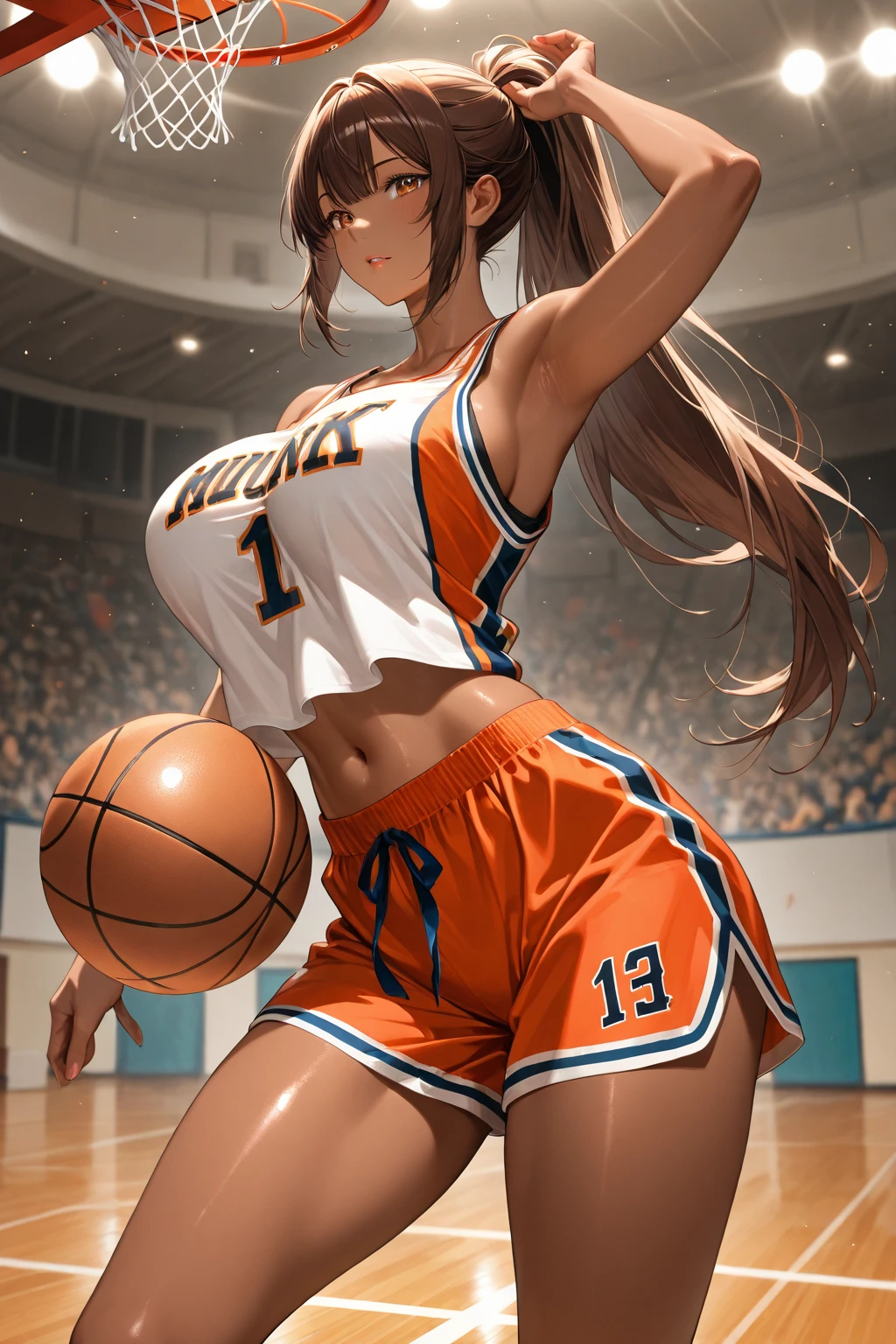 Super beautiful shining eyes、​masterpiece:1.2、top-quality)、realisitic、(Real image、Rich detail details、depth of fields)、(1girl in、独奏)、make - up、Cleft lips、High Details、perfect face shape、(huge ???:1.4)、(?????????????)、thick thight、Wide buttock、??????????? thin waist、A tall、The corals、red-lips、red eyes、poneyTail、((((basketball girl、Transparent yellow basketball suit))))、(perspiring:1.2)、(wet​)、A ????、red blush、perspiring