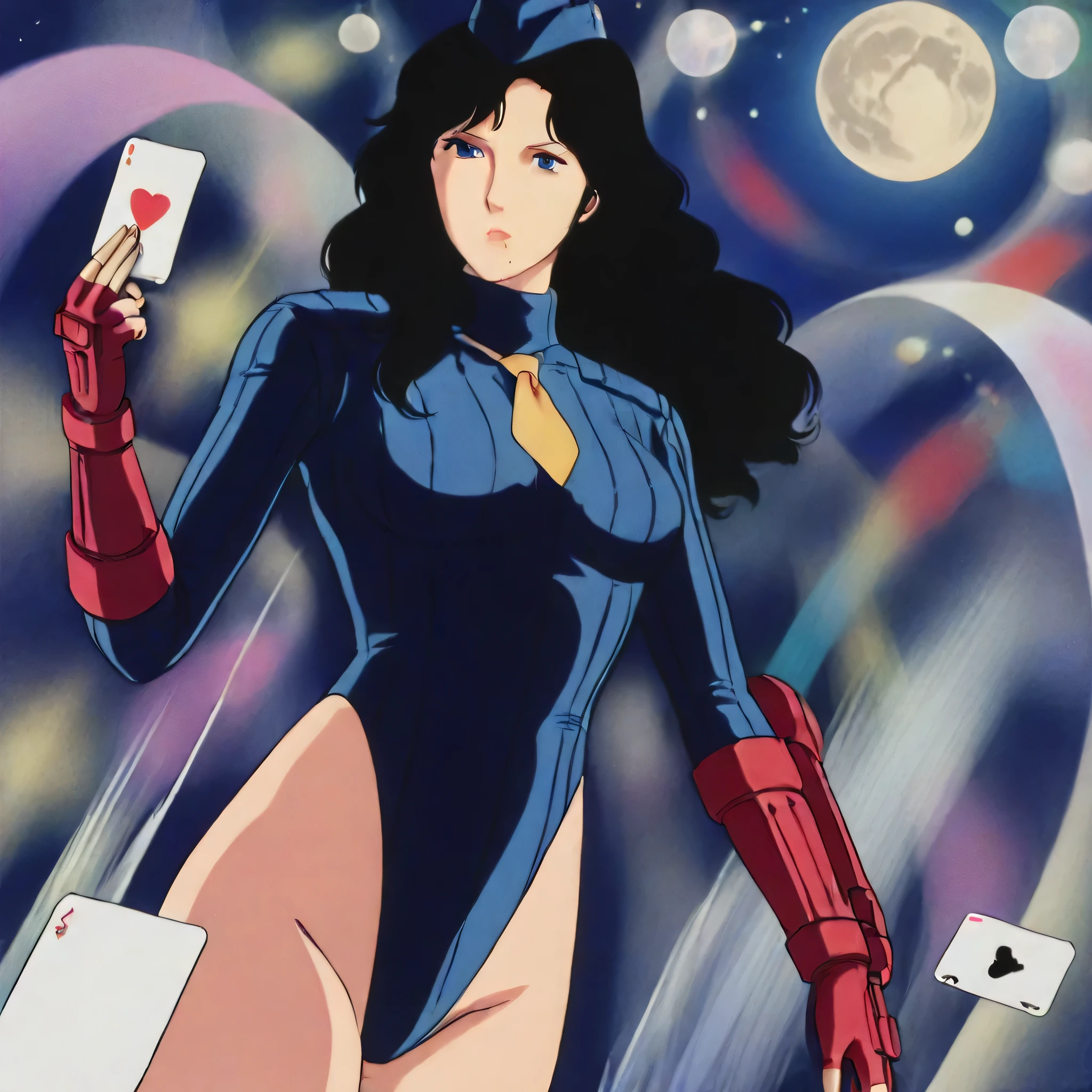 (((Masterpiece))), (((Best Quality))), ((Super Detail)), ultra-High resolution, score_9,score_8_up,score_7_up,score_6_up,score_5_up,score_4_up, BREAK, source_anime, anime screencap, uncensored, Masterpiece, (best shadow), (absurdres), (detailed background), (very aesthetic), shiny, detailed beautiful eyes, outstanding, countershading, detailed soft lighting, an exquisite animation illustration, curvy, shadaloo dolls, red gloves, hat, fingerless gloves, gauntlet, red gauntlet, leotard, cosplay, highleg, highleg leotard, garrison cap, dark persona, ribbed leotard, yellow necktie, (((solo, 1girl))), hair ornament, seductive pose, submissive pose, anime style, anime coloring, animification, megami magazine, sexy pose, expressionless, emotionless, Kisugi Rui, mature female, black hair, long hair, lipstick, (mole under mouth:0.8), blue eyes, dynamic angle, cinematic angle, dutch angle, dynamic pose, action pose, dynamic angle, cinematic angle, dutch angle, moon, night, sky, speed line, motion line, jumping, in flight, floating, sky, card, holding card, white card, looking from below, view from below, from below, sky focus, incoming attack, serious, upper body, cowboy shot