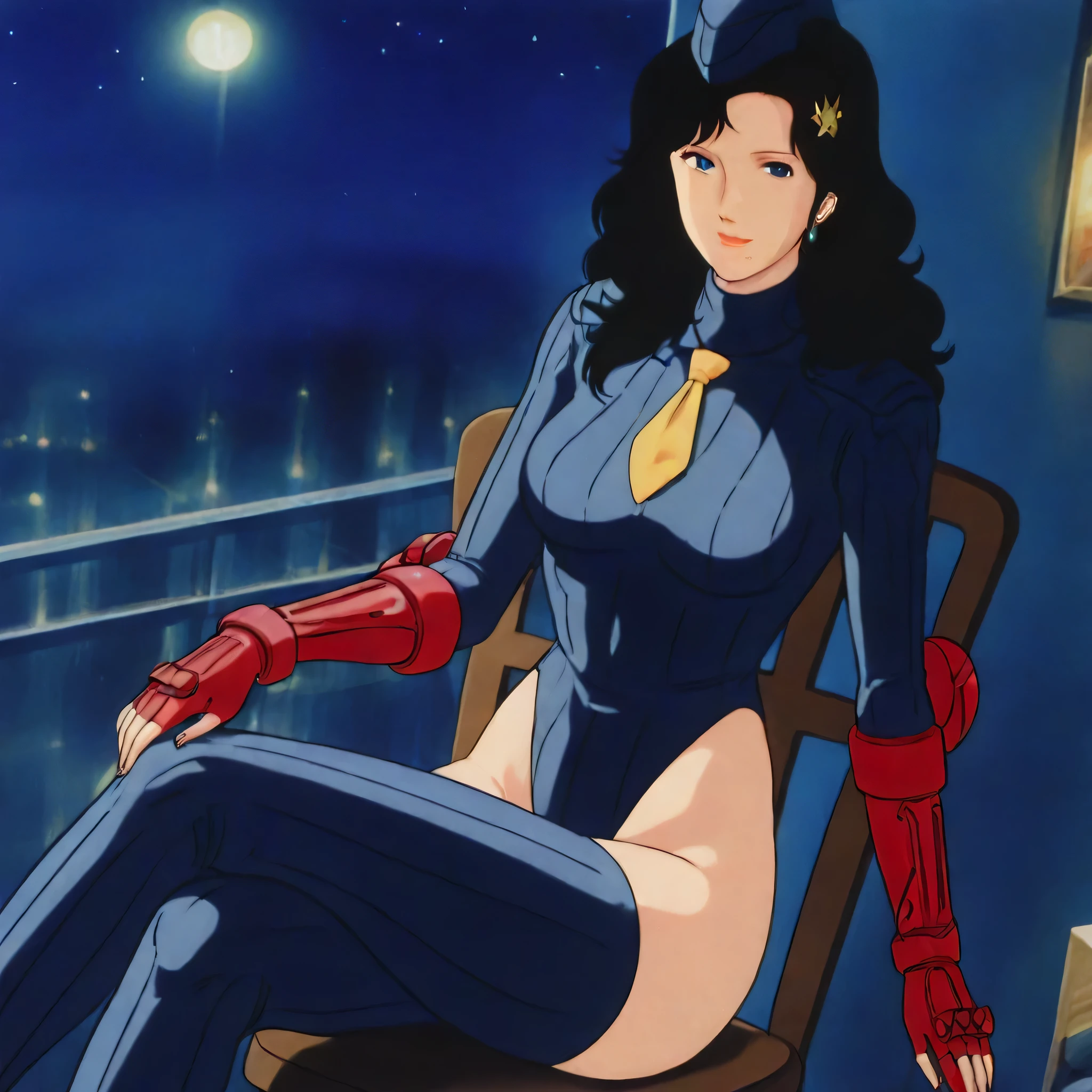 (((Masterpiece))), (((Best Quality))), ((Super Detail)), ultra-High resolution, score_9,score_8_up,score_7_up,score_6_up,score_5_up,score_4_up, BREAK, source_anime, anime screencap, uncensored, Masterpiece, (best shadow), (absurdres), (detailed background), (very aesthetic), shiny, detailed beautiful eyes, outstanding, countershading, detailed soft lighting, an exquisite animation illustration, curvy, shadaloo dolls, red gloves, hat, fingerless gloves, gauntlet, red gauntlet, leotard, cosplay, highleg, highleg leotard, garrison cap, dark persona, ribbed leotard, yellow necktie, (((solo, 1girl))), hair ornament, seductive pose, submissive pose, anime style, anime coloring, animification, megami magazine, sexy pose, expressionless, emotionless, Kisugi Rui, mature female, black hair, long hair, lipstick, (mole under mouth:0.8), blue eyes, dynamic angle, cinematic angle, dutch angle, earrings, crossed legs, sitting, sitting on chair, looking at viewer, seductive smile, cafe, night, smile,