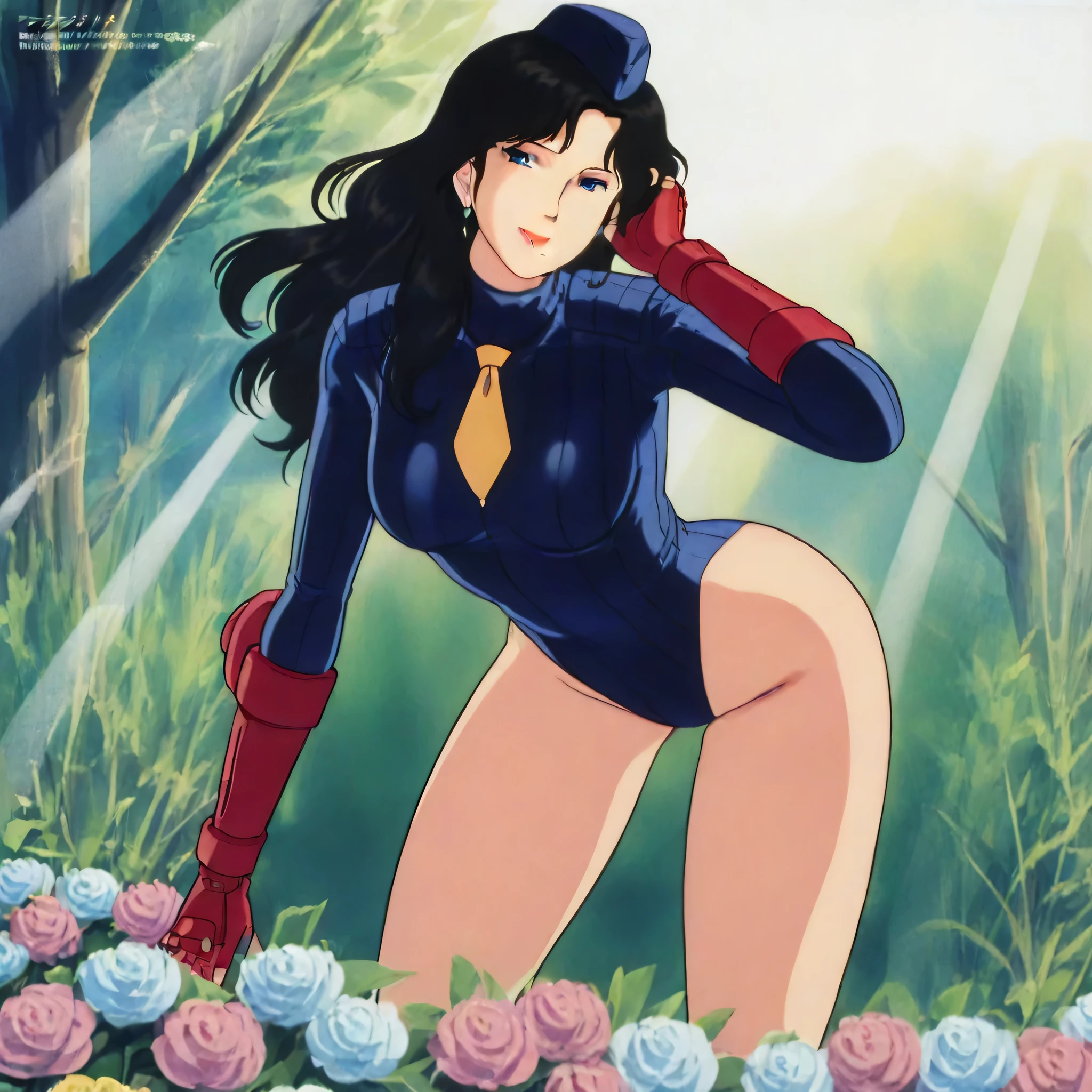 (((Masterpiece))), (((Best Quality))), ((Super Detail)), ultra-High resolution, score_9,score_8_up,score_7_up,score_6_up,score_5_up,score_4_up, BREAK, source_anime, anime screencap, uncensored, Masterpiece, (best shadow), (absurdres), (detailed background), (very aesthetic), shiny, detailed beautiful eyes, outstanding, countershading, detailed soft lighting, an exquisite animation illustration, curvy, shadaloo dolls, red gloves, hat, fingerless gloves, gauntlet, red gauntlet, leotard, cosplay, highleg, highleg leotard, garrison cap, dark persona, ribbed leotard, yellow necktie, (((solo, 1girl))), hair ornament, seductive pose, submissive pose, anime style, anime coloring, animification, megami magazine, sexy pose, Kisugi Rui, mature female, black hair, long hair, lipstick, (mole under mouth:0.8), blue eyes, earrings, bent over, leaning forward, arched back, hand on face, tilt head, head tilt, smile, seductive smile, flower, wind, windy, petal, flower garden, dappled light, sunbeam, looking at viewer, standing, 