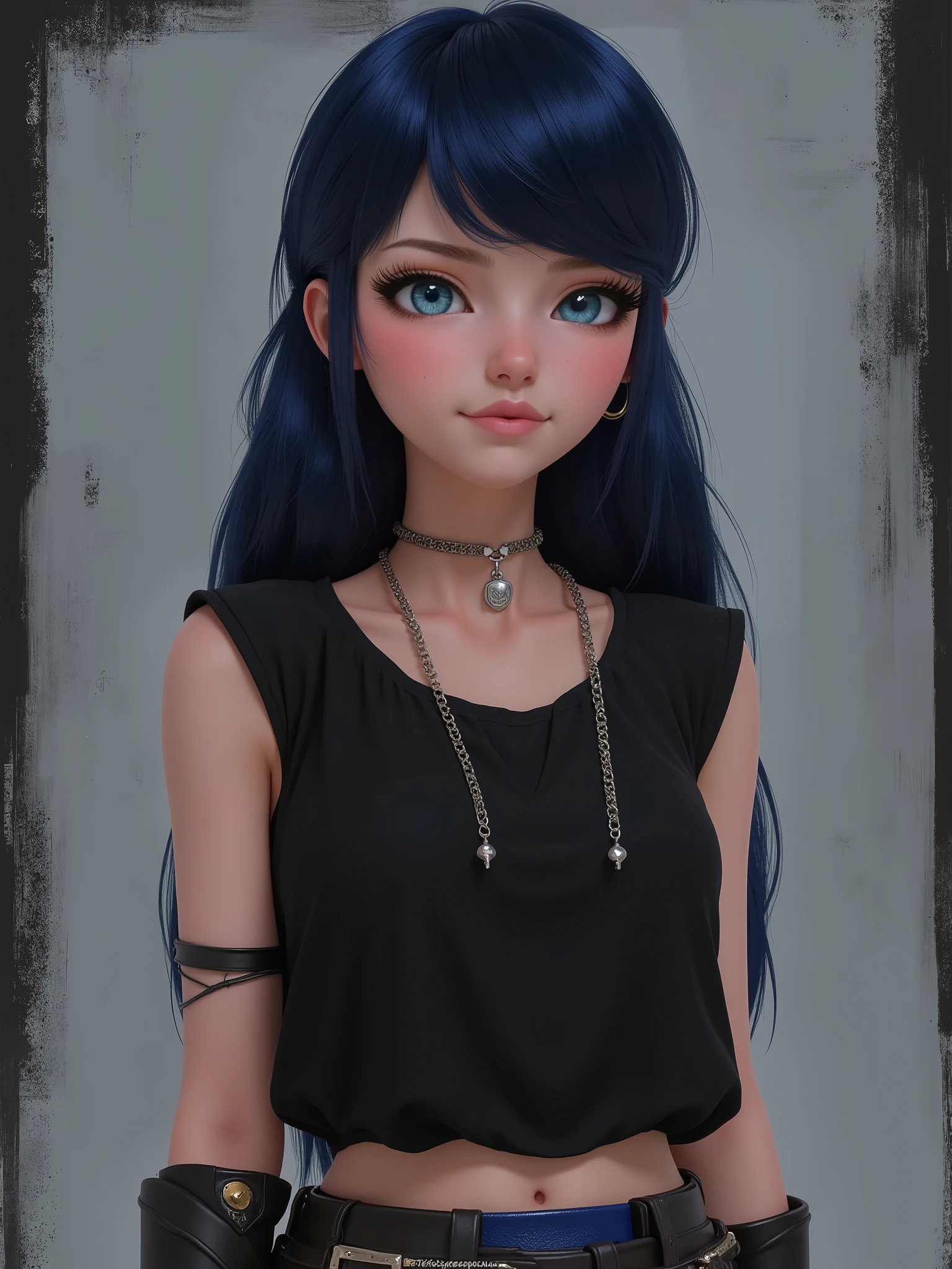 stylized illustration, brush strokes, sr3fmj, marinette Dopanchan, A very beautiful and cute 22 year old woman with a slight smile. (((Shy smile))), sharp focus on the face, (((Western eyes:1.5))), (((Extremely detailed ice-blue eyes, beautiful eyes, beautifully detailed eyes))), (((delicately detailed thin pink lips))), (((long hair, shiny hair))), (((black medieval steampunk style sleeveless t-shirt))), (((Dark Blue medieval steampunk style leather warrior pants))), (((full body view, dynamic pose, standing:1.5, graceful pose))), (((The background is Dark Gray and painted with expressive, visible textures using dynamic brushstrokes and strokes that add depth and movement. The paint covers only the area just behind the subject. The outer edges of the image with black margins, as if the background had been painted with a brush and with expressive and visible textures using dynamic brushstrokes and strokes fading toward the edges creating a modern and artistic vignette effect))). Cinematic lighting, soft depth of field, (((masterpiece/high resolution/Best Quality/top quality/high quality/UHD/16k quality))), sharp focus, no blur, film grain, bokeh.