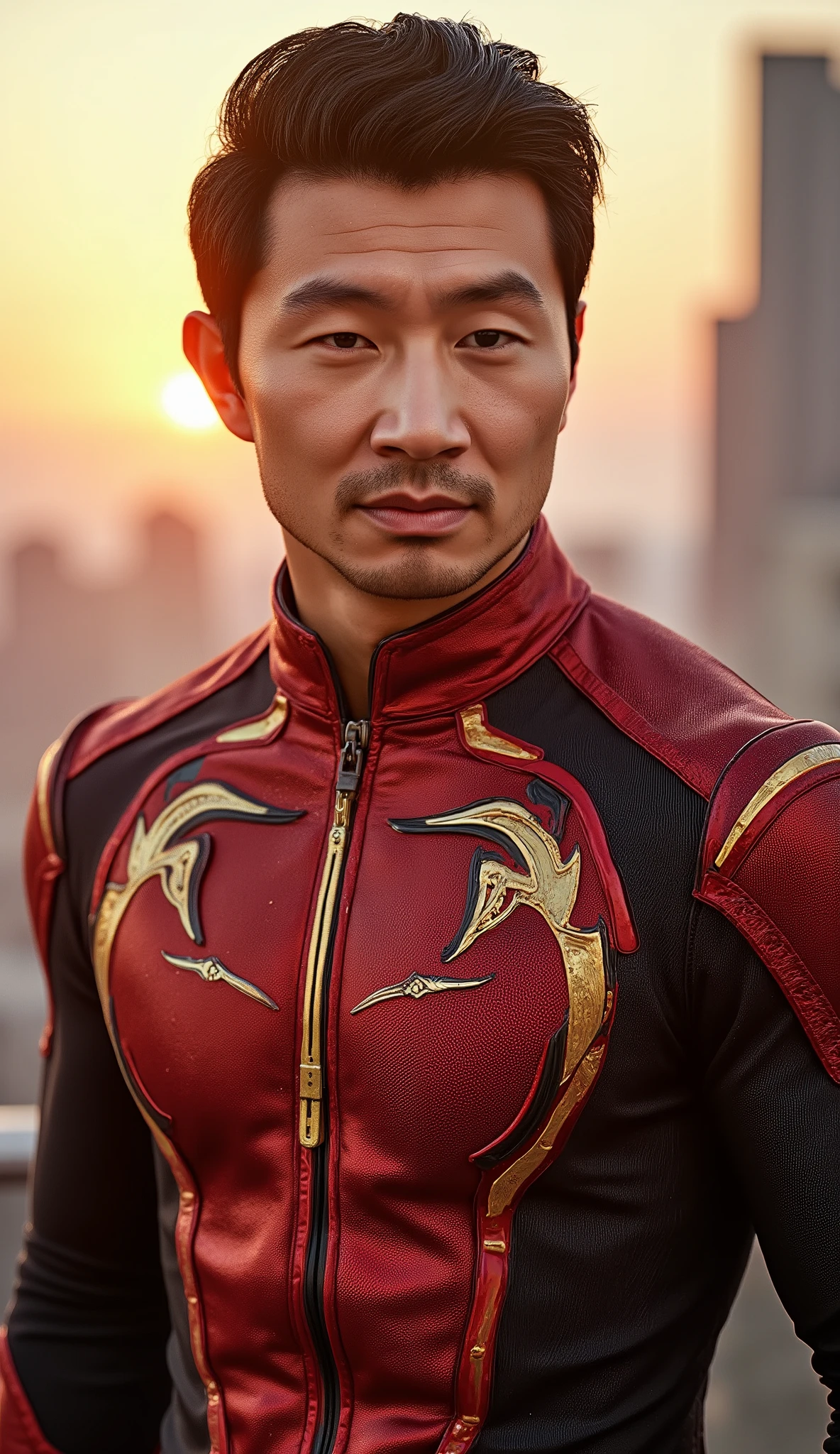 Ultra-realistic Close by Simu Liu as Liu Kang, with red and black suit with gold Background with intense sunlight reflecting on blurry modern buildings. warm lighting, with golden dust particles in the air