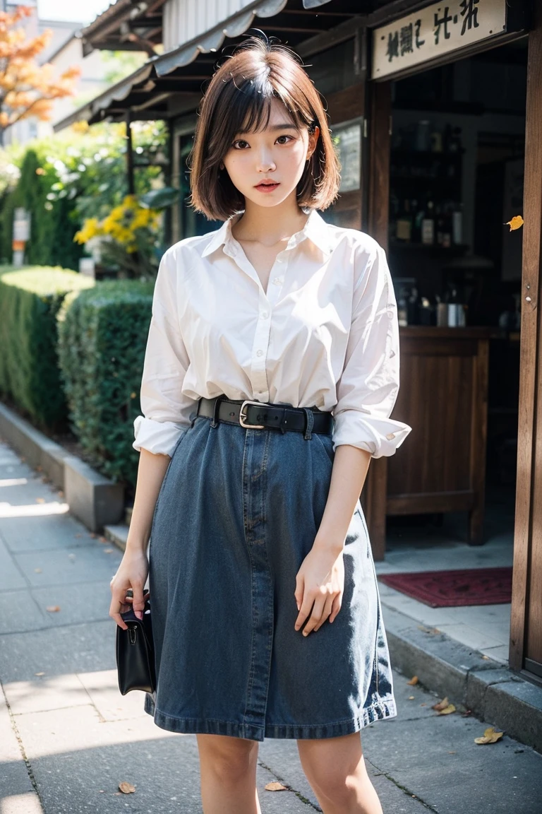 beautiful japanese woman、whole body、In town、white 、blue shirt、
