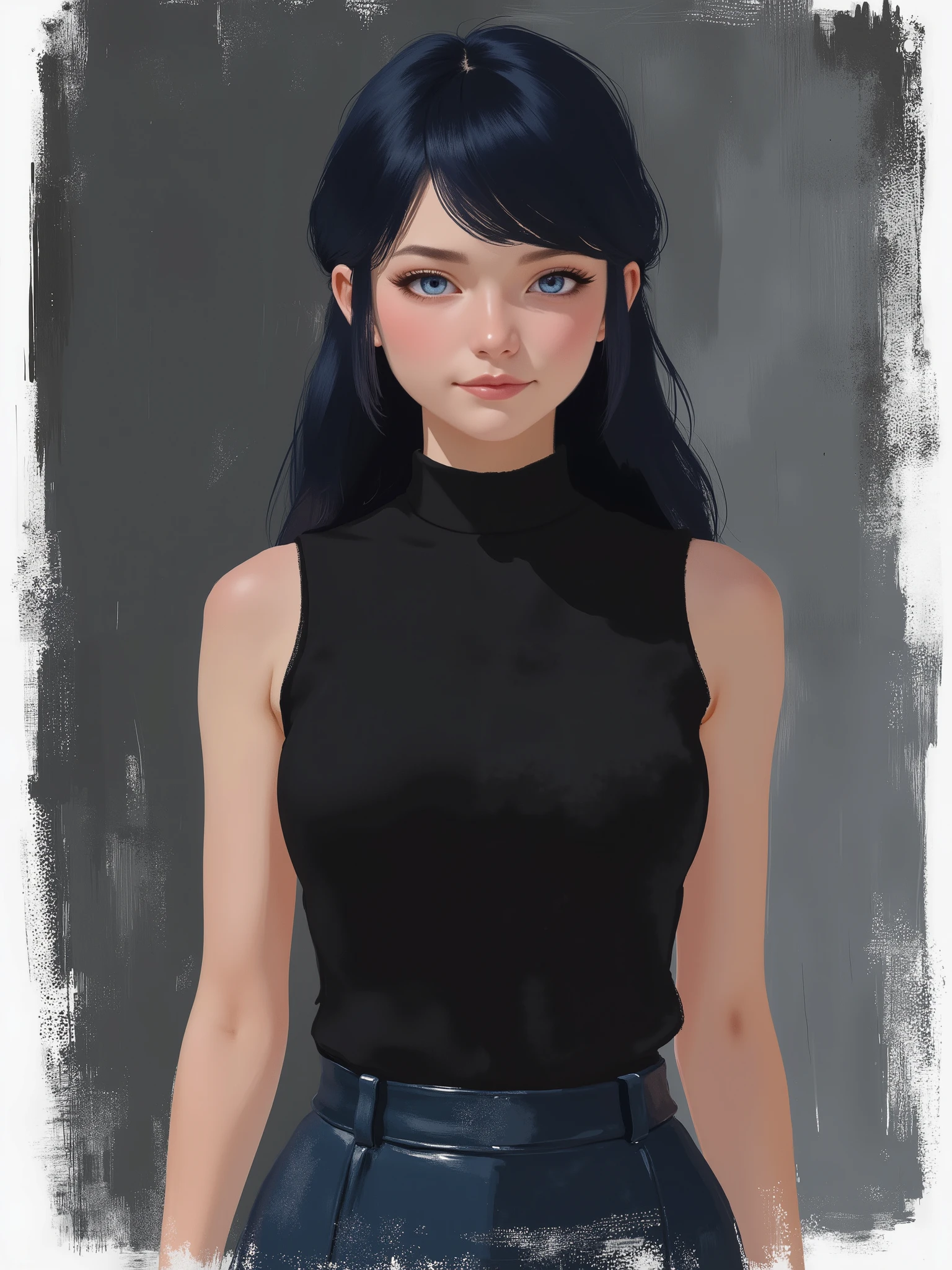 sketch painting, stylized illustration, brush strokes, sr3fmj, marinette Dopanchan, A very beautiful and cute 22 year old woman with a slight smile. (((Shy smile))), sharp focus on the face, (((Western eyes:1.5))), (((Extremely detailed ice-blue eyes, beautiful eyes, beautifully detailed eyes))), (((delicately detailed thin pink lips))), (((long hair, shiny hair))), (((black medieval steampunk style sleeveless t-shirt))), (((Dark Blue medieval steampunk style leather warrior pants))), (((full body view, dynamic pose, standing:1.5, graceful pose))), (((The background is Dark Gray and painted with expressive, visible textures using dynamic brushstrokes and strokes that add depth and movement. The paint covers only the area just behind the subject. The outer edges of the image with black margins, as if the background had been painted with a brush and with expressive and visible textures using dynamic brushstrokes and strokes fading toward the edges creating a modern and artistic vignette effect))). Cinematic lighting, soft depth of field, (((masterpiece/high resolution/Best Quality/top quality/high quality/UHD/16k quality))), sharp focus, no blur, film grain, bokeh.