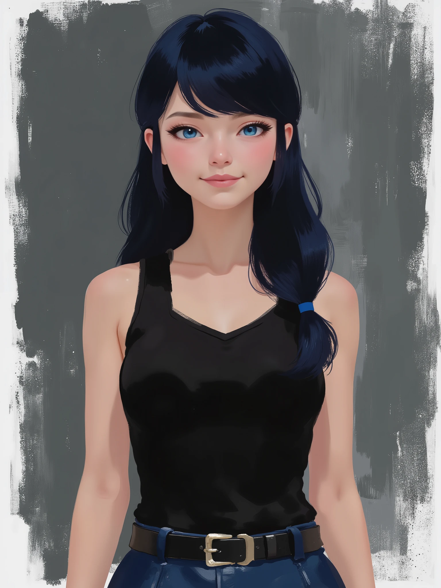 sketch painting, stylized illustration, brush strokes, sr3fmj, marinette Dopanchan, A very beautiful and cute 22 year old woman with a slight smile. (((Shy smile))), sharp focus on the face, (((Western eyes:1.5))), (((Extremely detailed ice-blue eyes, beautiful eyes, beautifully detailed eyes))), (((delicately detailed thin pink lips))), (((long hair, shiny hair))), (((black medieval steampunk style sleeveless t-shirt))), (((Dark Blue medieval steampunk style leather warrior pants))), (((full body view, dynamic pose, standing:1.5, graceful pose))), (((The background is Dark Gray and painted with expressive, visible textures using dynamic brushstrokes and strokes that add depth and movement. The paint covers only the area just behind the subject. The outer edges of the image with black margins, as if the background had been painted with a brush and with expressive and visible textures using dynamic brushstrokes and strokes fading toward the edges creating a modern and artistic vignette effect))). Cinematic lighting, soft depth of field, (((masterpiece/high resolution/Best Quality/top quality/high quality/UHD/16k quality))), sharp focus, no blur, film grain, bokeh.