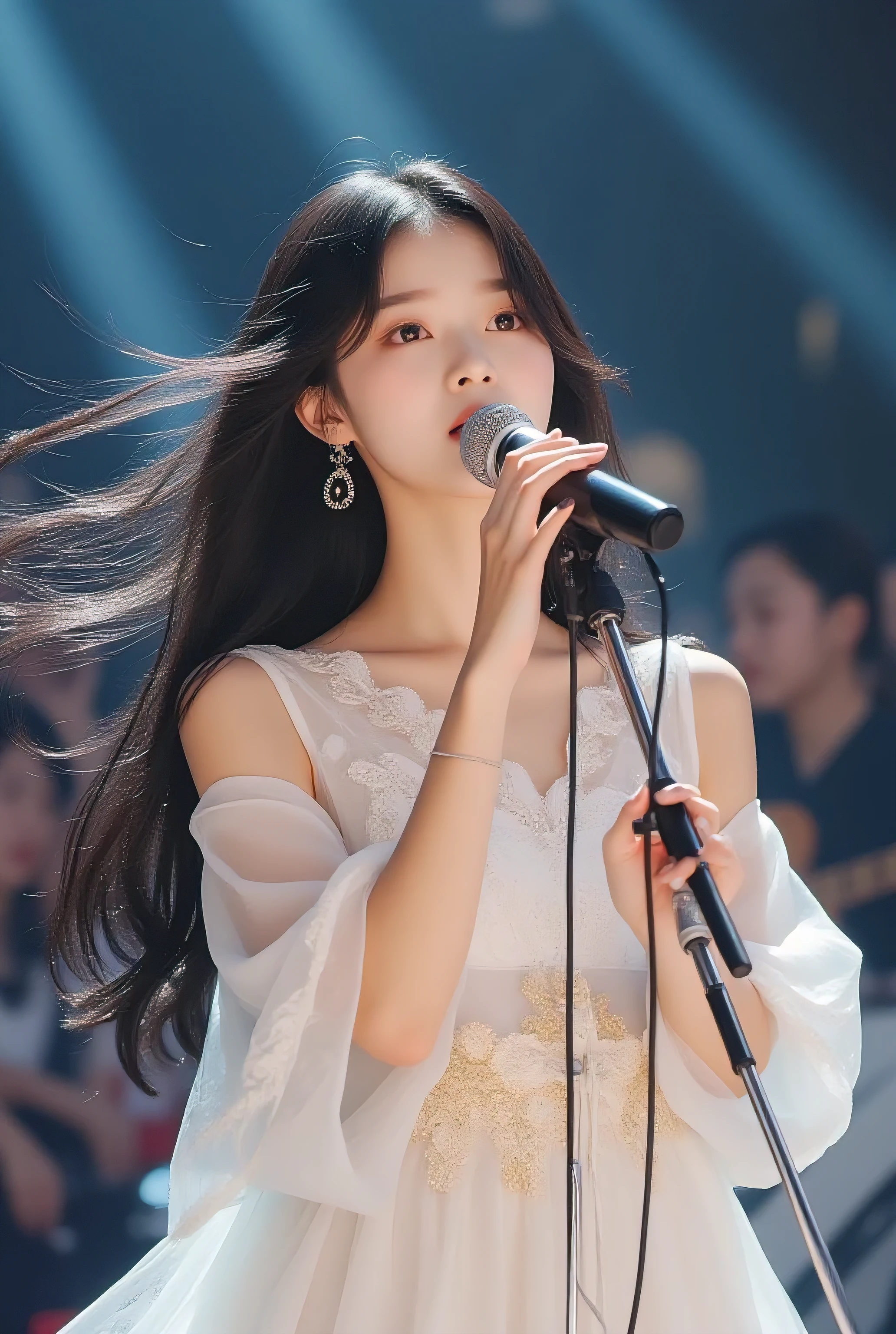 (masterpiece, best quality:1.2), cowboy shot, solo, 1girl, an innocent and beautiful Korean, Singing while holding a stand microphone, Black and long hair fluttered in the wind, A thin white sleeveless dress with gold embroidered traditional patterns, band female vocalist, Singing, close-up, musical concert, stage, spotlight, Perfect anatomy, accurate finger representation,