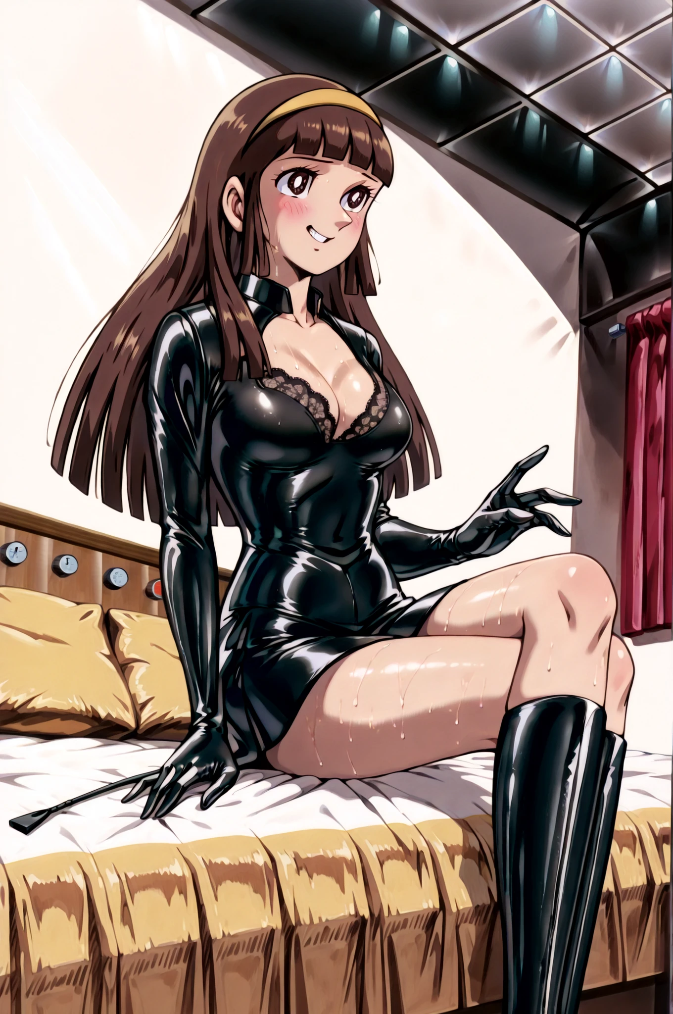 (((sitting cross-legged)))、He holds a riding crop in his right hand:1.4、holding riding crop:1.4、Queen、((( 1 woman)))、(((solo:1.8)))、(((Black Latex Elbow Gloves:1.4)))、(((black latex corset dress:1.4)))、(((corset dress is adorned with beautiful lace)))、(((Corset dresses with shoulder straps)))、(((Black latex tight miniskirt:1.4)))、(((black thigh-high boots:1.4)))、(((Black rubber tights:1.2)))、(((stiletto heel boots:1.4)))、(((stiletto boots:1.4)))、(((Black latex high-leg panties)))、(((black latex bra)))、(((bold pose:1.4 )))、Wide legs:1.2、(((erotic from below)))、(((cowboy shot)))、クローズup、beautiful eyes with highlights、Fine Beautiful Skin、} 2 perfect legs based on anatomy、wearing cute mythological costumes、(perfect 4 fingers and 1 thumb)、greatest masterpiece、masterpieces from above、absurdres、high image quality、Hi-Res 8k、detailed face、detailed eyes、Detailed Hairstyles、Sayaka,,score_9, score_8_up, score_7_up, score_6_up, score_5_up, score_4_up, big breastss, ((very detailed)), (beautiful hair、beautiful faces、beautiful eyes、 beautiful breasts、beautiful thighs、beautiful legs、beautiful fingers ), (完璧にdetailed face), (very detailedな手), 1girl,solo, (Sayaka, Yumi_Sayaka, yumi Sayaka, 70s Style, retro art style, dark brown hair, straight hair per sheet, long hair, tight bangs, yellow headband, big boobs,
dynamic pose,Indoor、detailed background、SM Exclusive Hotel、 bed、
(natural and well-defined finger holding a diamond, Neatly Articulated Fingers), BREAK long hair,dark haired,round eyes,Open His Mouth,big breasts,wide hips(retro art style:0.85)
(blush,sad)((stare at each other)), cowboy shot(nude)sweaty、staring at the audience、Make eye contact with the audience、Dutch angle、dynamic angle、grin、evil smile、Blush