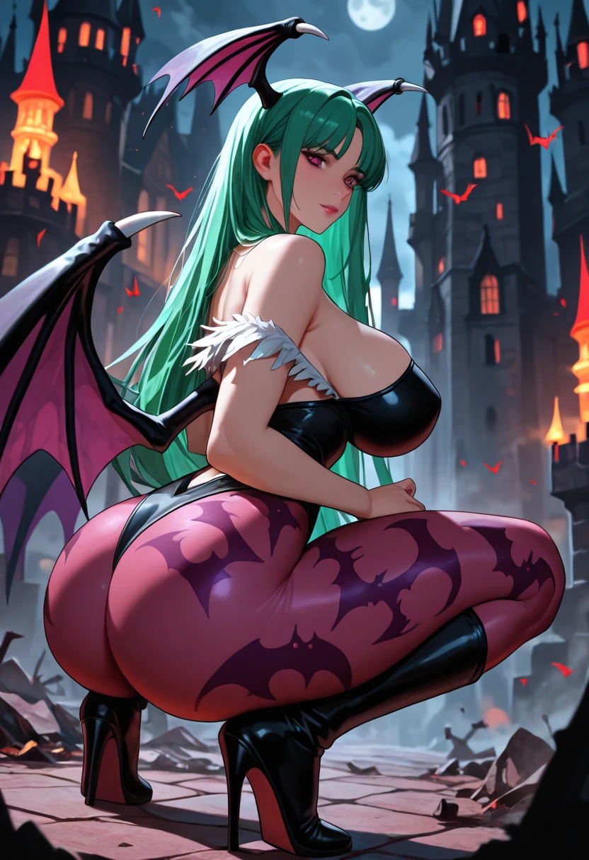 Prompt - masterpiece, best quality, solo, DRKSTKRSMORAENS, hime cut, head wings, green hair, green eyes, cleavage, black leotard, heart cutout, fur trim, bridal gauntlets, print pantyhose, bat print, demon wings, high heels, beckoning, wink, spoken heart, leaning forward, outdoors, city, alley, night