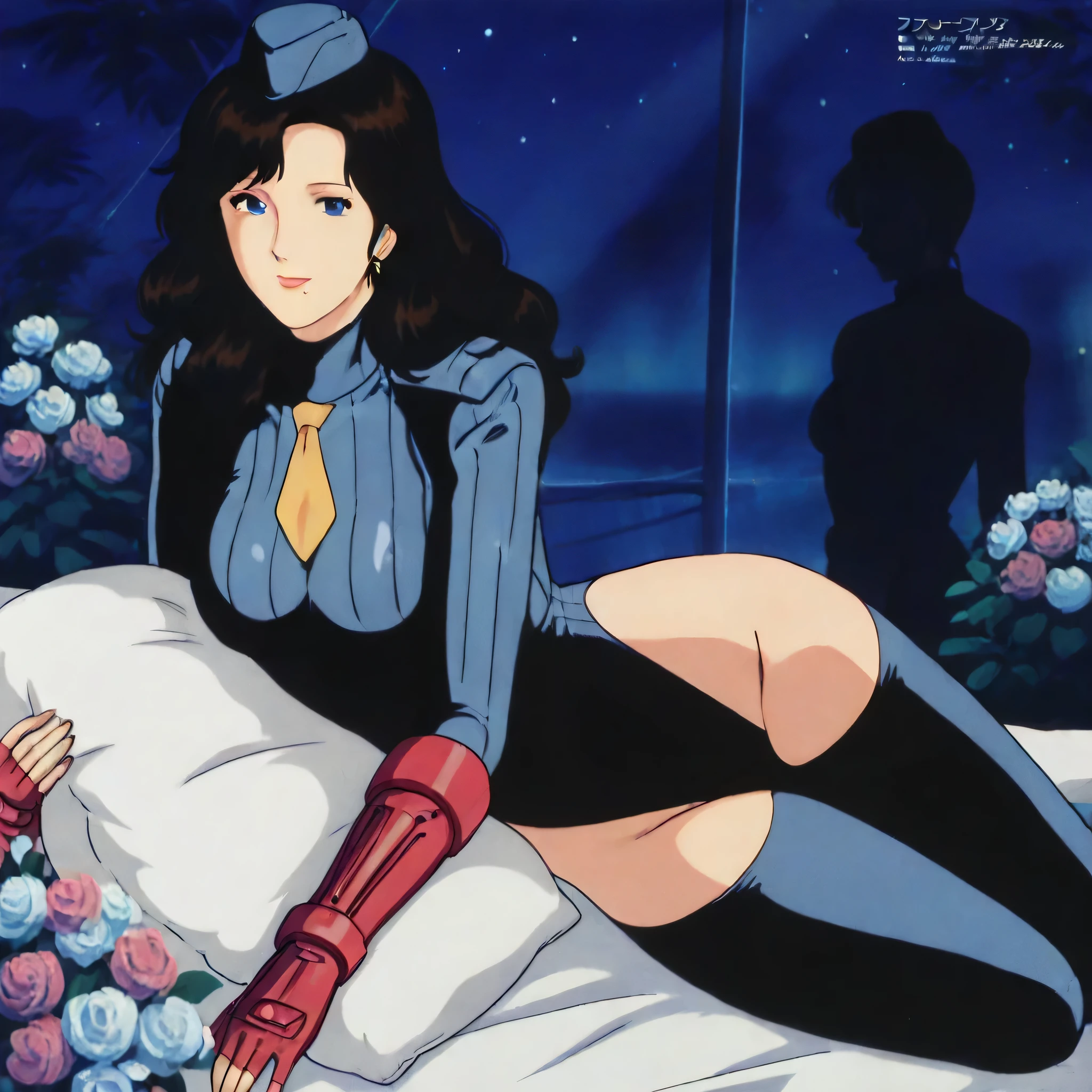 (((Masterpiece))), (((Best Quality))), ((Super Detail)), ultra-High resolution, score_9,score_8_up,score_7_up,score_6_up,score_5_up,score_4_up, BREAK, source_anime, anime screencap, uncensored, Masterpiece, (best shadow), (absurdres), (detailed background), (very aesthetic), shiny, detailed beautiful eyes, outstanding, countershading, detailed soft lighting, an exquisite animation illustration, curvy, shadaloo dolls, red gloves, hat, fingerless gloves, gauntlet, red gauntlet, leotard, cosplay, highleg, highleg leotard, garrison cap, dark persona, ribbed leotard, yellow necktie, (((solo, 1girl))), hair ornament, seductive pose, submissive pose, anime style, anime coloring, animification, megami magazine, sexy pose, Kisugi Rui, mature female, black hair, long hair, lipstick, (mole under mouth:0.8), blue eyes, earrings, bed, bedroom, lying down, lying down on side, looking at viewer, lying down on bed, on side, night, flower, wind, windy, hugging pillow, smile, seductive smile