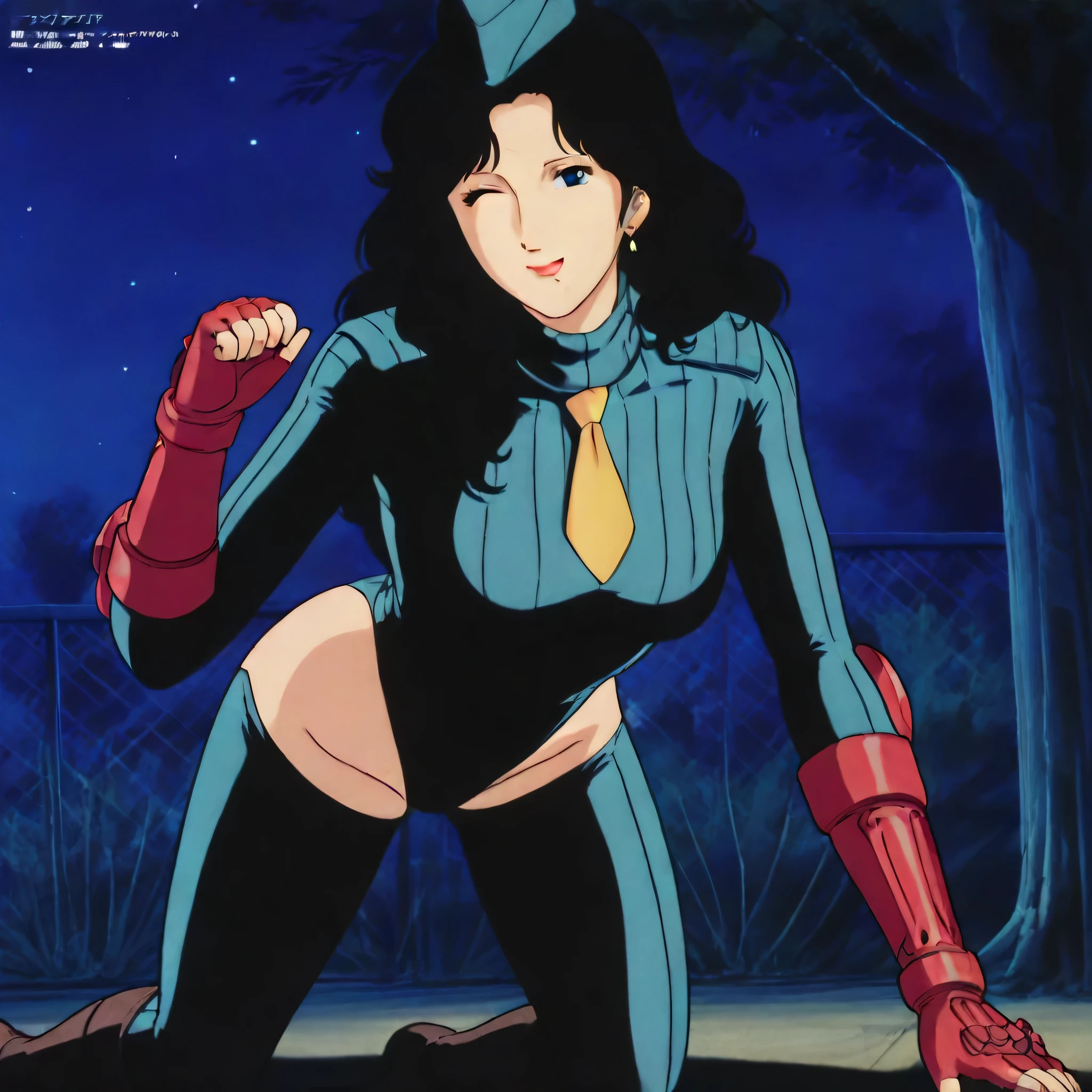 (((Masterpiece))), (((Best Quality))), ((Super Detail)), ultra-High resolution, score_9,score_8_up,score_7_up,score_6_up,score_5_up,score_4_up, BREAK, source_anime, anime screencap, uncensored, Masterpiece, (best shadow), (absurdres), (detailed background), (very aesthetic), shiny, detailed beautiful eyes, outstanding, countershading, detailed soft lighting, an exquisite animation illustration, curvy, shadaloo dolls, red gloves, hat, fingerless gloves, gauntlet, red gauntlet, leotard, cosplay, highleg, highleg leotard, garrison cap, dark persona, ribbed leotard, yellow necktie, (((solo, 1girl))), hair ornament, seductive pose, submissive pose, anime style, anime coloring, animification, megami magazine, sexy pose, Kisugi Rui, mature female, black hair, long hair, lipstick, (mole under mouth:0.8), blue eyes, earrings, all fours, seductive smile, smile, wink, all fours, crawling, crawl, paw pose, collar, leash, night, outdoor, park, cinematic angle, dynamic angle, dutch angle