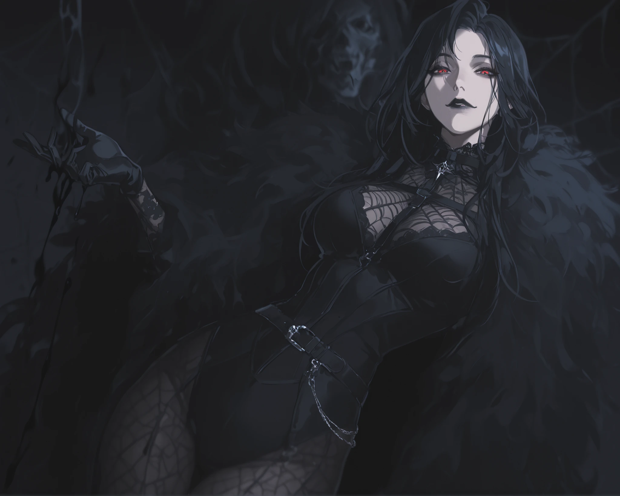  best quality, masterpiece, 1girl, black_hair, dynamic angle, long_hair, straight_hair, neutral expression, evil, mature face, dark fantasy, {black, evil, tall lady, splash art},black roses, high_collar,  pattern undershirt, black one-piece bodysuit, smug, round eyes, mature face, lingerie pattern), 1girl, cowboy_shot, long_hair, blurry, shadow monster, eyeliner, path_to_nowhere, anime_style, gothic, goth, victorian, carmilla, dark background, black_makeup, black lipstick, belts, tigh belt, black hands, black gloves, high_boots, fur_cloak, black fur cloak, black liquid, black spiderweb, black spiderweb pattern, black ooze, dark expression, pattern_leggings, blurry_background, 1girl, yoneyama mai, pale, parted_bangs, red eyes, edgy fashion, victorian style, bold look, fashionable, solo, looking at viewer, blurry, chromatic aberration, portrait, beautiful light, perfect contrast, realistic facial features, detailed features, defined features, detailed hair, semi-realistic style, attractive features, dark colors, dark lighting, painted style, detailed style, black outline, perfect detail, pale skin, eyebags, dull colors, anime style, semi-realistic, boy, clear background, lifeless colors, dirty filter, dark, rough sketch lineart, loose lineart, watercolor coloring, masterpiece, ultra detailed, 4k, 8k, ultra hd, best