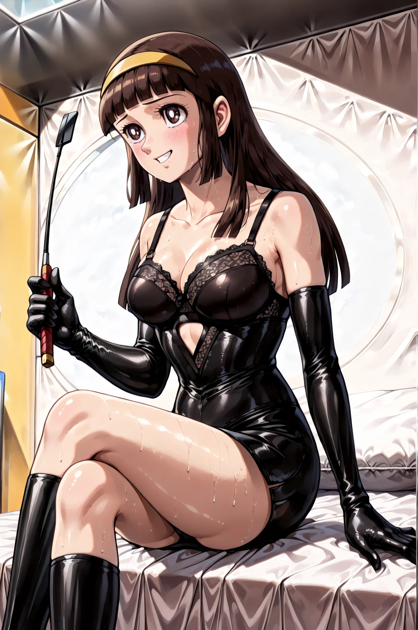 (((sitting cross-legged)))、He holds a riding crop in his right hand:1.3、holding riding crop:1.4、Queen、((( 1 woman)))、(((solo:1.8)))、(((Black Latex Elbow Gloves:1.4)))、(((black latex corset dress:1.4)))、(((corset dress is adorned with beautiful lace)))、(((Corset dresses with shoulder straps)))、(((Black latex tight miniskirt:1.4)))、(((black thigh-high boots:1.4)))、(((Black rubber tights:1.2)))、(((stiletto heel boots:1.4)))、(((stiletto boots:1.4)))、(((Black latex high-leg panties)))、(((black latex bra)))、(((bold pose:1.4 )))、Wide legs:1.2、(((erotic from below)))、(((cowboy shot)))、クローズup、beautiful eyes with highlights、Fine Beautiful Skin、} 2 perfect legs based on anatomy、wearing cute mythological costumes、(perfect 4 fingers and 1 thumb)、greatest masterpiece、masterpieces from above、absurdres、high image quality、Hi-Res 8k、detailed face、detailed eyes、Detailed Hairstyles、Sayaka,,score_9, score_8_up, score_7_up, score_6_up, score_5_up, score_4_up,  big breastss, ((very detailed)), (beautiful hair、beautiful faces、beautiful eyes、 beautiful breasts、beautiful thighs、beautiful legs、beautiful fingers ), (完璧にdetailed face), (very detailedな手), 1girl,solo,  (Sayaka, Yumi_Sayaka, yumi Sayaka, 70s Style, retro art style, dark brown hair, straight hair per sheet, long hair, tight bangs, yellow headband, big boobs, 
 dynamic pose,Indoor、detailed background、SM Exclusive Hotel、 bed、
(natural and well-defined finger holding a diamond, Neatly Articulated Fingers), BREAK long hair,dark haired,round eyes,Open His Mouth,big breasts,wide hips(retro art style:0.85)
(blush,sad)((stare at each other)), cowboy shot(nude)sweaty、staring at the audience、Make eye contact with the audience、Dutch angle、dynamic angle、grin、evil smile、Blush
