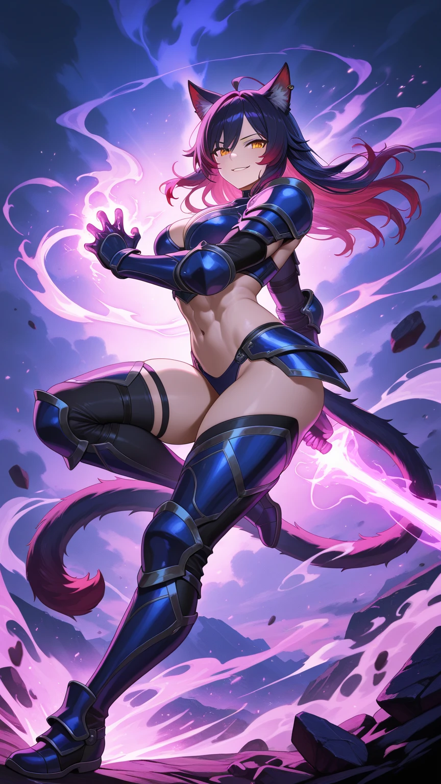 Cartoon photo of woman in magenta pink and purple costume, hot insect humanoid woman, Guyver style,  version, red eye, scaraber reploid, tentacles imitating snake tail, cel shade adult animation, alien queen, serpentine pose, --auto --s2