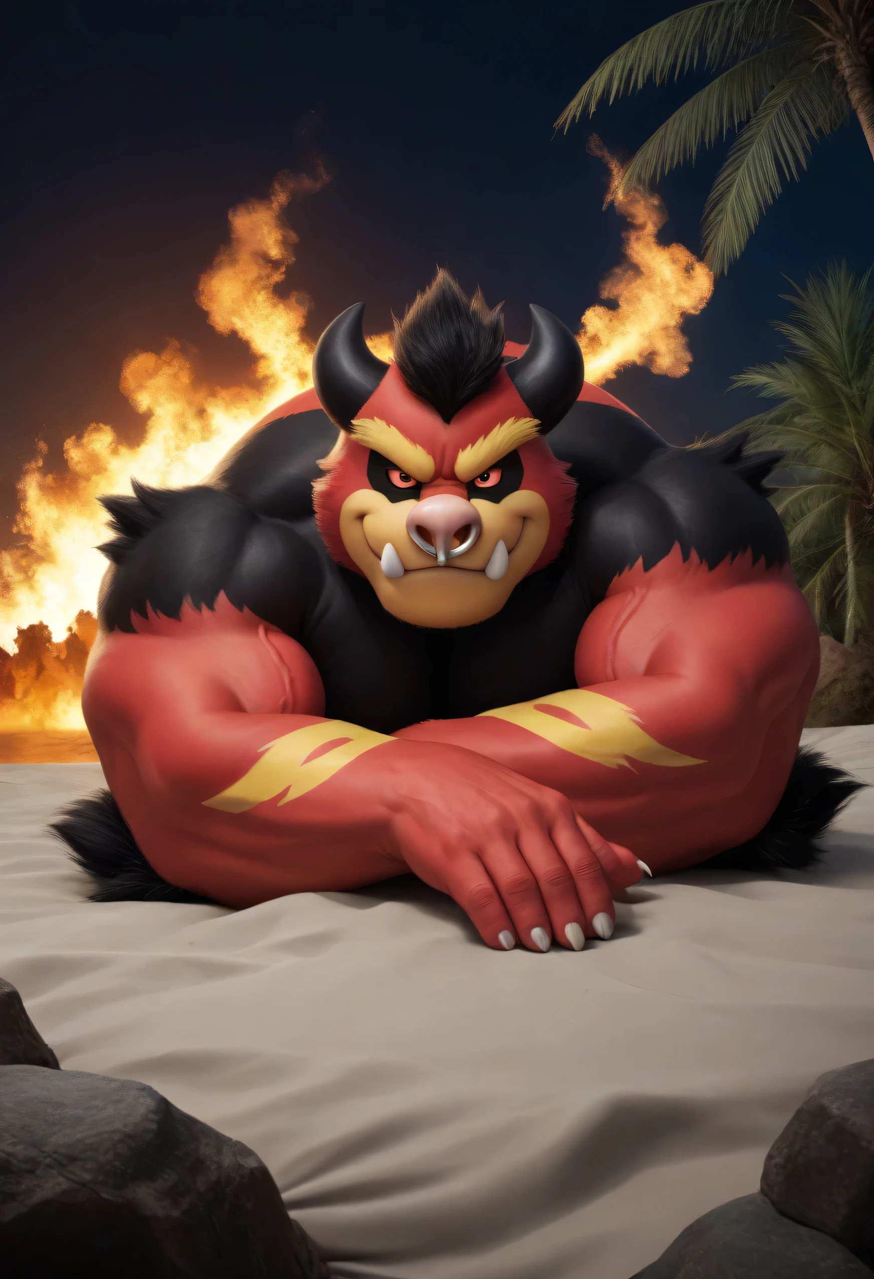masterpiece, best quality, amazing quality, high quality, RAW photo, (Photorealistic Style), full body. (furry), 1boy, Huge Adult Male muscular bara Mega Fire Boar Mega-Emboar from Pokemon, (Orange Body), Mega-Emboar Black Fur, Realistic Detail Fur, Huge Hyper Veiny Bulging Muscle, Massive Black Bodybuilder Physique, Huge Bulging Pectoral, Huge Bulging Abs, Huge Wide Broad Shoulders, Muscle Gut. (Detail Glowing Red Eyes, emission strictly limited to pupils), Black Sclera, Realistic Detail Bara Furry Chiseled Male Handsome Manly Mega-Emboar Face, Huge Muscular Butt. Nipple Piercings, Ear piercings, Rings, Bull Nose Ring, Realistic Human Hands, (Natural palm color:1.2), 5 fingers:1.5, claws:1.5, Realistic human feet, 5 toes:1.5, (Natural soles color:1.2), huge size 25 feet, 10 feet tall. In a Realistic Volcanic Grassland with Ash and embers floating in the air, solo, (facing the viewer:1.5, front view:1.5), (lying on stomach:1.5), hand on his own cheek, focus face, close up face, smug smirk. Naked, Uncensored