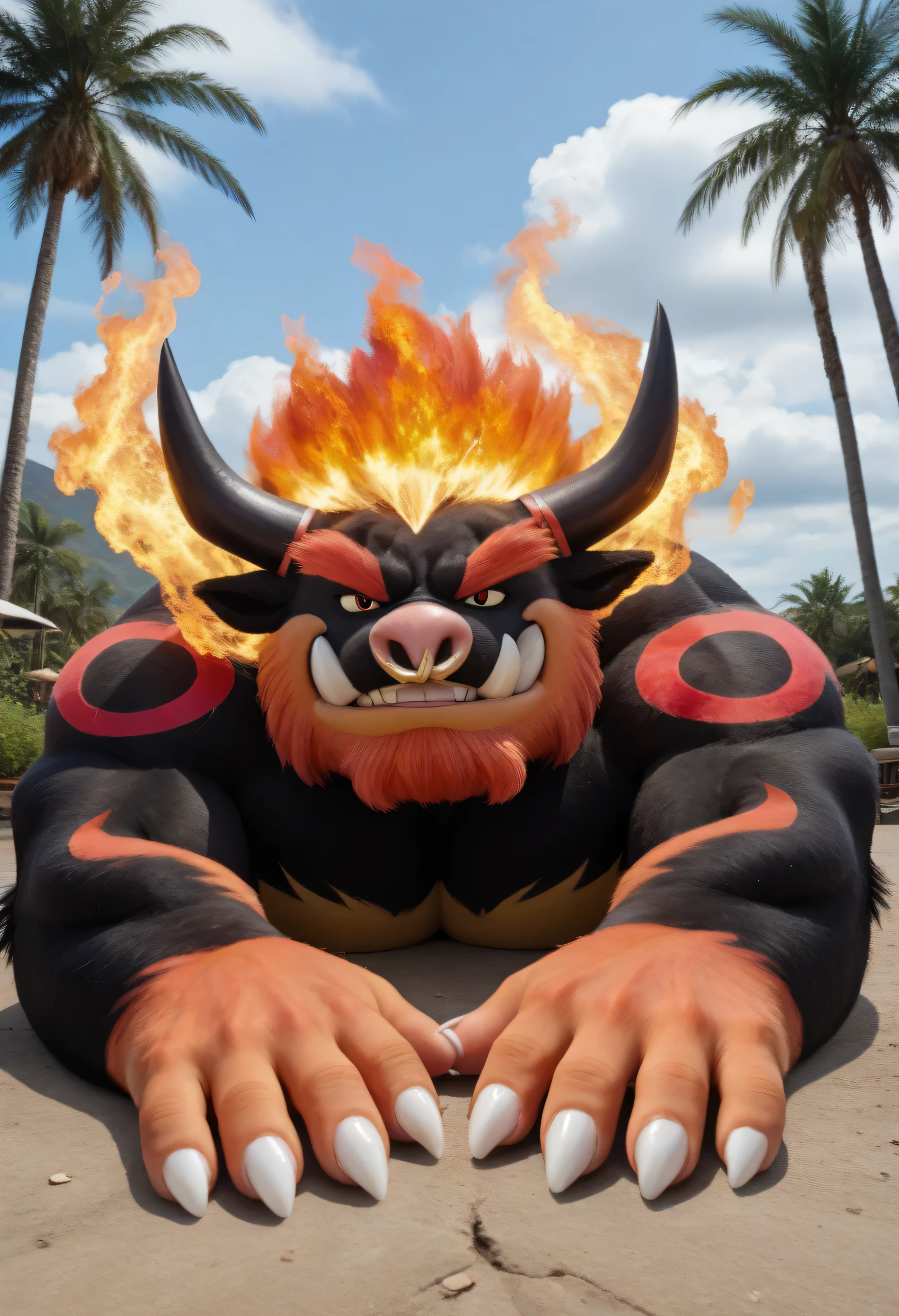 masterpiece, best quality, amazing quality, high quality, RAW photo, (Photorealistic Style), full body. (furry), 1boy, Huge Adult Male muscular bara Mega Fire Boar Mega-Emboar from Pokemon, (Orange Body), Mega-Emboar Black Fur, Realistic Detail Fur, Huge Hyper Veiny Bulging Muscle, Massive Black Bodybuilder Physique, Huge Bulging Pectoral, Huge Bulging Abs, Huge Wide Broad Shoulders, Muscle Gut. (Detail Glowing Red Eyes, emission strictly limited to pupils), Black Sclera, Realistic Detail Bara Furry Chiseled Male Handsome Manly Mega-Emboar Face, Huge Muscular Butt. Nipple Piercings, Ear piercings, Rings, Bull Nose Ring, Realistic Human Hands, (Natural palm color:1.2), 5 fingers:1.5, claws:1.5, Realistic human feet, 5 toes:1.5, (Natural soles color:1.2), huge size 25 feet, 10 feet tall. In a Realistic Volcanic Grassland with Ash and embers floating in the air, solo, (facing the viewer:1.5, front view:1.5), (lying on stomach:1.5), hand on his own cheek, focus face, close up face, smug smirk. Naked, Uncensored