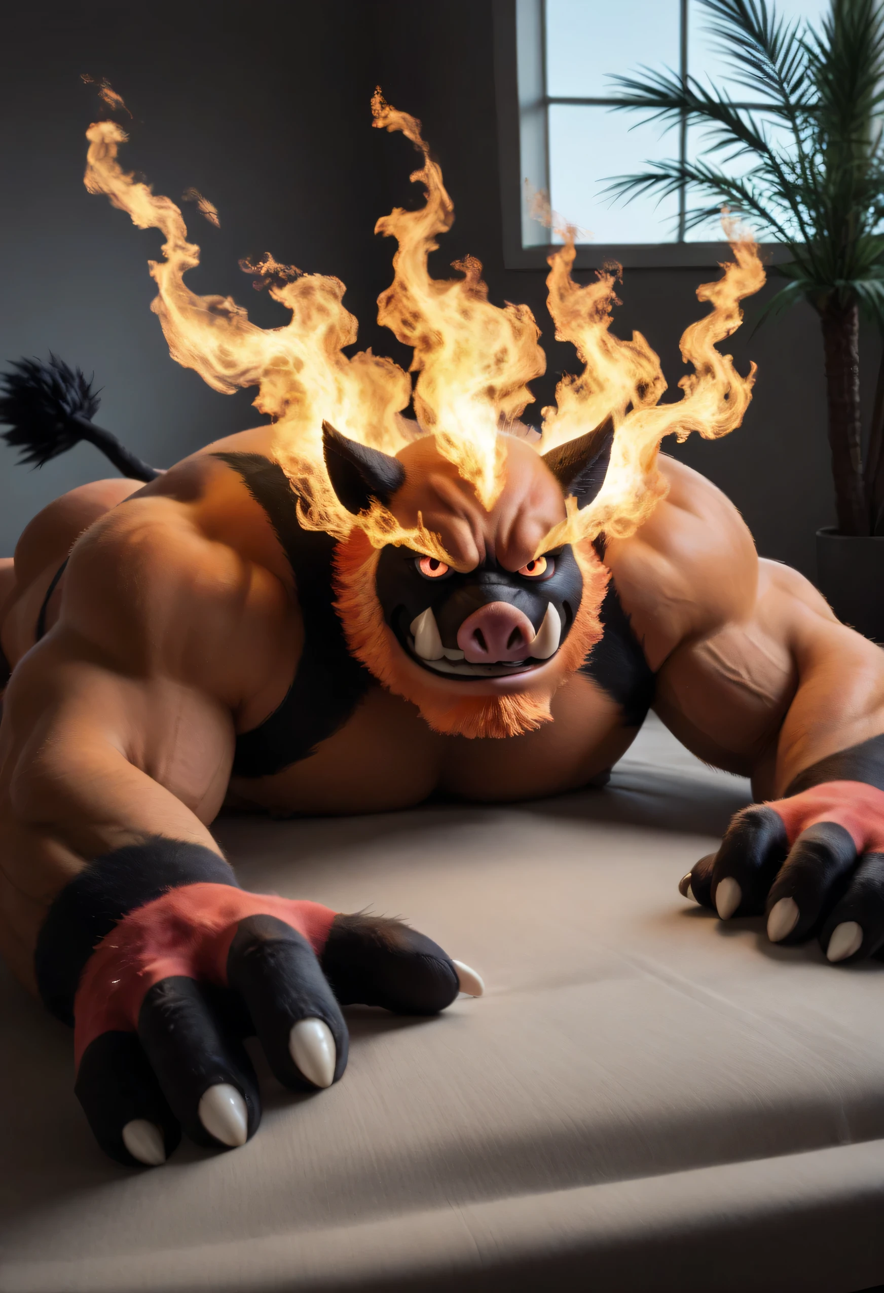 masterpiece, best quality, amazing quality, high quality, RAW photo, (Photorealistic Style), full body, Anatomically Correct. (furry), 1boy, (Huge Adult Male muscular bara Mega Fire Boar Mega-Emboar from Pokemon), (Orange Body), Mega-Emboar Black Fur, Realistic Detail Fur, Huge Hyper Veiny Bulging Muscle, Massive Black Bodybuilder Physique, Huge Bulging Pectoral, Huge Bulging Abs, Huge Wide Broad Shoulders, Muscle Gut. (Detail Glowing Red Eyes, emission strictly limited to pupils), Black Sclera, Realistic Detail Bara Furry Chiseled Male Handsome Manly Mega-Emboar Face, Huge Muscular Butt. Nipple Piercings, Ear piercings, Rings, Realistic Human Hands, (Natural palm color:1.2), (5 fingers), claws:1.5, Realistic human feet, 5 toes:1.5, (Natural soles color:1.2), huge size 25 feet, 10 feet tall. In a Realistic Volcanic Grassland with Ash and embers floating in the air, solo, (facing the viewer:1.5, front view:1.5), (lying on stomach:1.5), hand on his own cheek, focus face, close up face, smug smirk. Naked, Uncensored