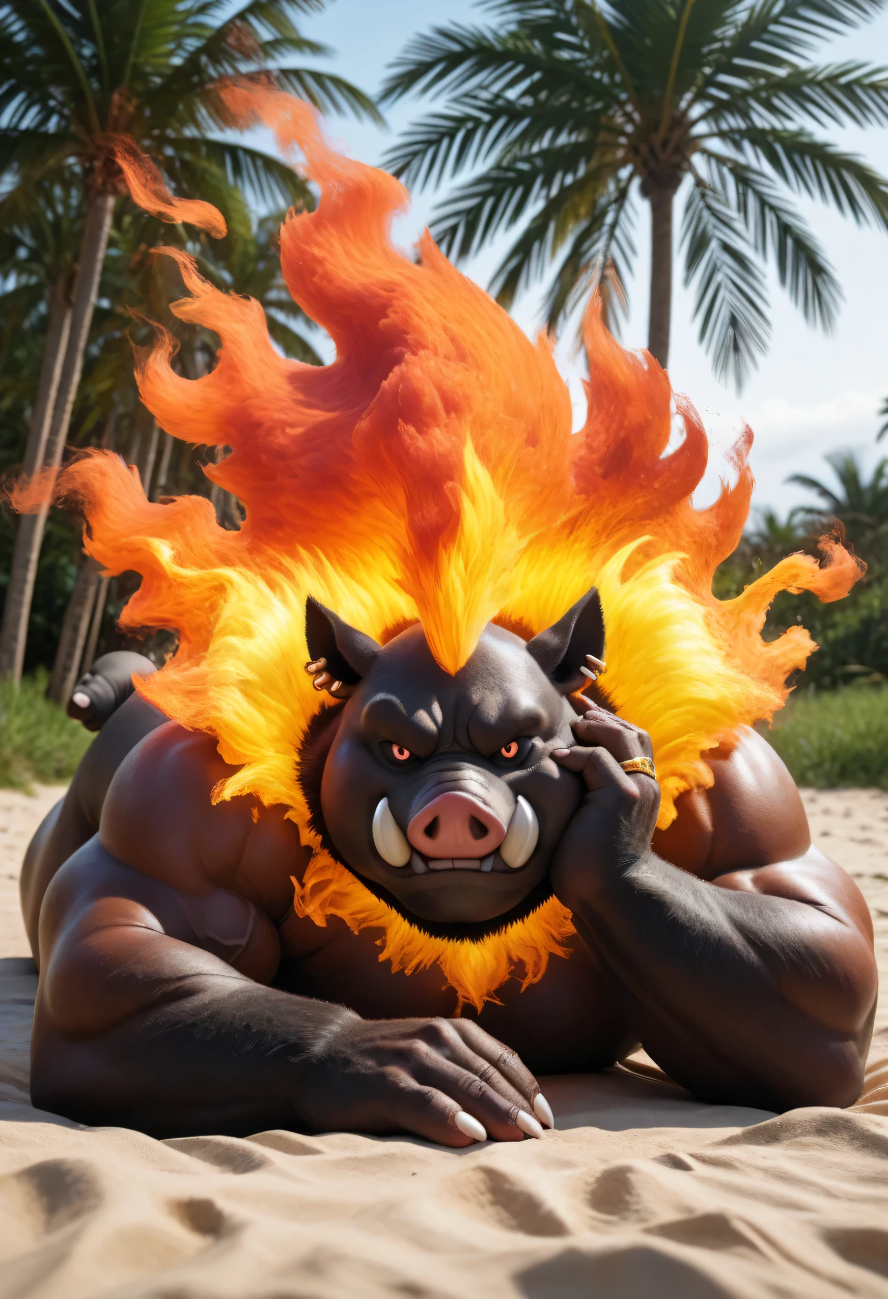 masterpiece, best quality, amazing quality, high quality, RAW photo, (Photorealistic Style), full body, Anatomically Correct. (furry), 1boy, (Huge Adult Male muscular bara Mega Fire Boar Mega-Emboar from Pokemon), (Orange Body), Mega-Emboar Black Fur, Realistic Detail Fur, Huge Hyper Veiny Bulging Muscle, Massive Black Bodybuilder Physique, Huge Bulging Pectoral, Huge Bulging Abs, Huge Wide Broad Shoulders, Muscle Gut. (Detail Glowing Red Eyes, emission strictly limited to pupils), Black Sclera, Realistic Detail Bara Furry Chiseled Male Handsome Manly Mega-Emboar Face, Huge Muscular Butt. Nipple Piercings, Ear piercings, Rings, Realistic Human Hands, (Natural palm color:1.2), (5 fingers), claws:1.5, Realistic human feet, 5 toes:1.5, (Natural soles color:1.2), huge size 25 feet, 10 feet tall. In a Realistic Volcanic Grassland with Ash and embers floating in the air, solo, (facing the viewer:1.5, front view:1.5), (lying on stomach:1.5), hand on his own cheek, focus face, close up face, smug smirk. Naked, Uncensored