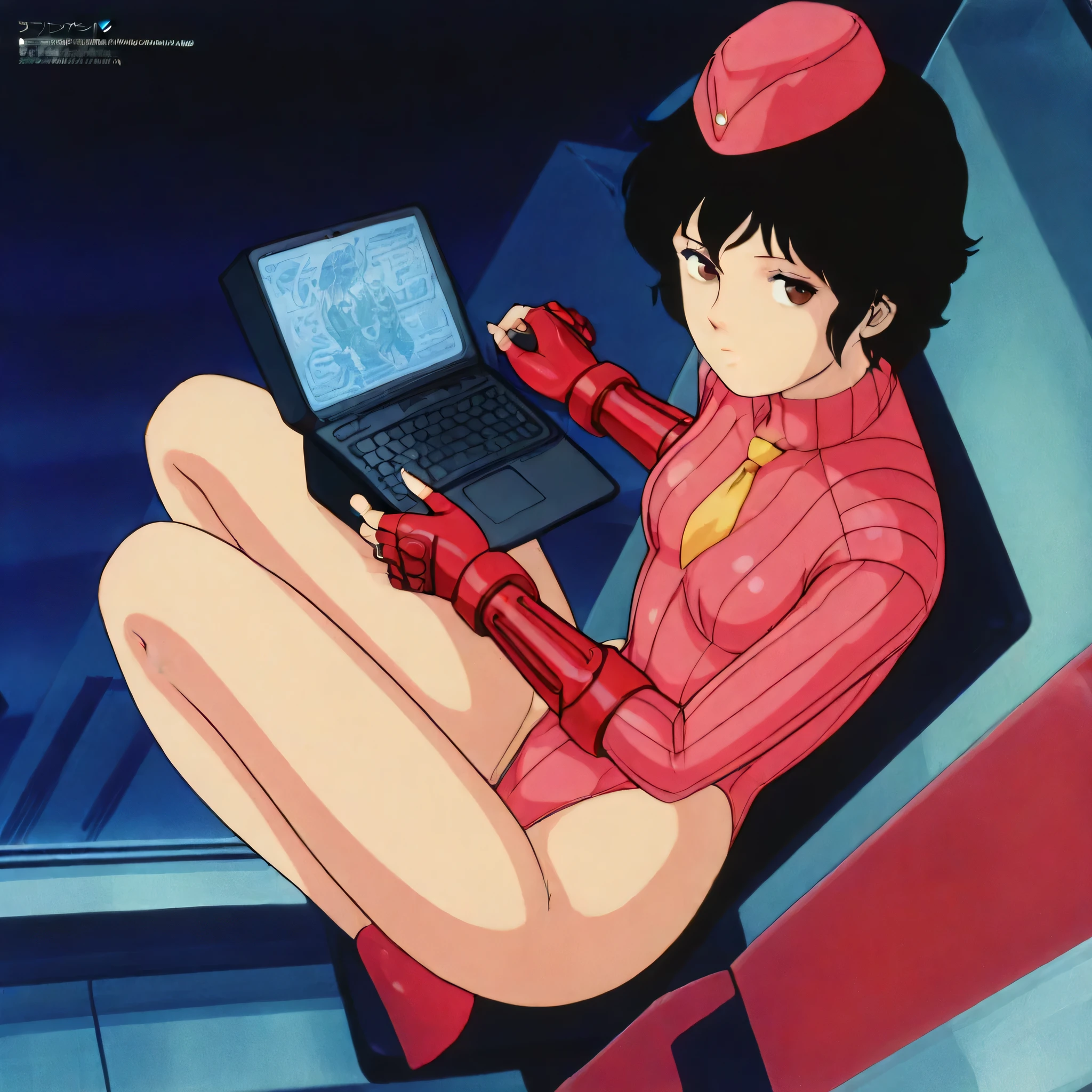 (((Masterpiece))), (((Best Quality))), ((Super Detail)), ultra-High resolution, score_9,score_8_up,score_7_up,score_6_up,score_5_up,score_4_up, BREAK, source_anime, anime screencap, uncensored, Masterpiece, (best shadow), (absurdres), (detailed background), (very aesthetic), shiny, detailed beautiful eyes, outstanding, countershading, detailed soft lighting, an exquisite animation illustration, curvy, shadaloo dolls, red gloves, hat, fingerless gloves, gauntlet, red gauntlet, leotard, cosplay, highleg, highleg leotard, garrison cap, dark persona, ribbed leotard, yellow necktie, (((solo, 1girl))), hair ornament, seductive pose, submissive pose, anime style, anime coloring, animification, megami magazine, sexy pose, small breast, expressionless, emotionless, Kisugi Ai, black hair,short hair,brown eyes, holding laptop, laptop, looknig at object, sitting, knees up, looking from above, from above, view from above, full body, cinematic angle, dynamic angle, dutch angle, indoor, night, laboratory