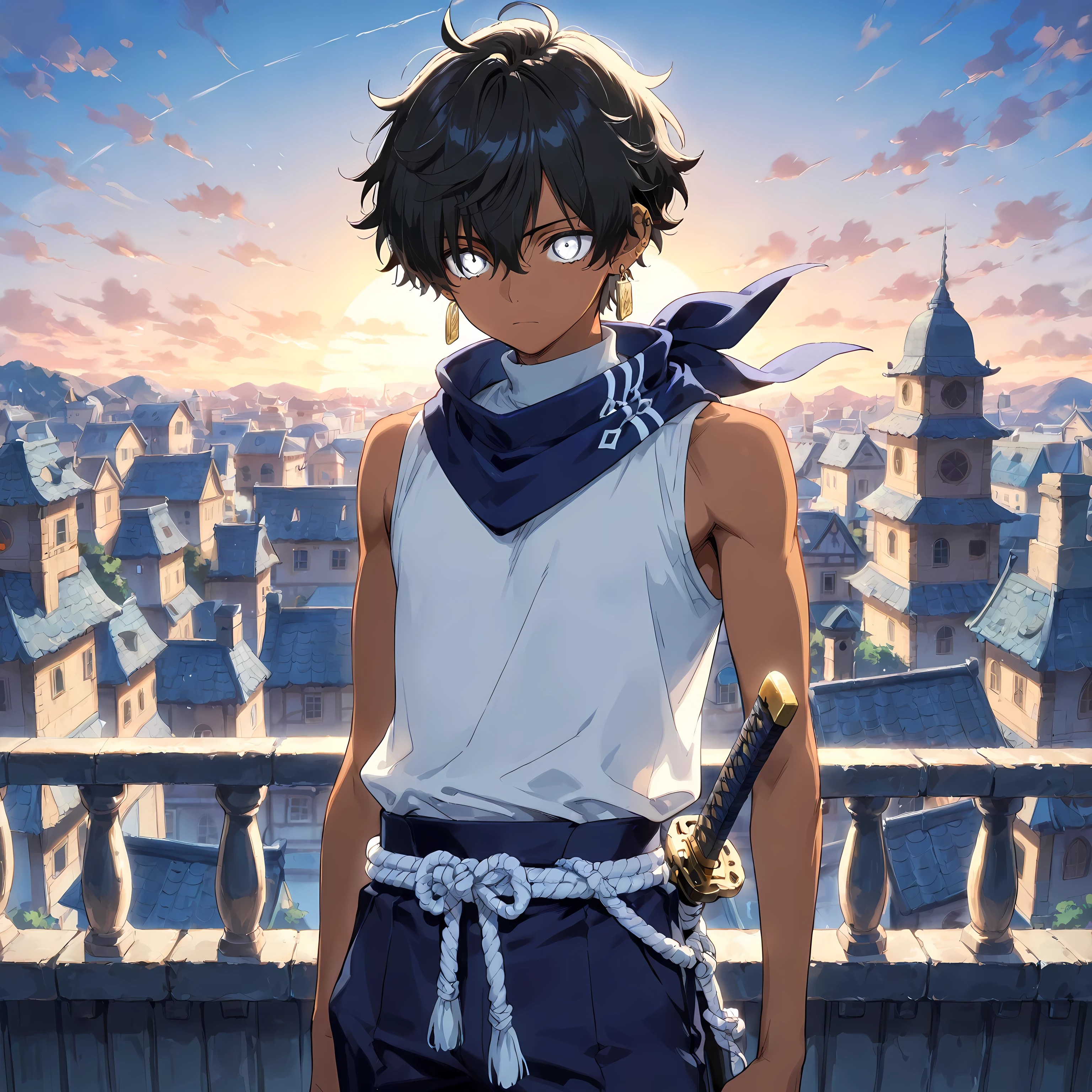 <lora:TrendCraft_The_Peoples_Style_Detailer-v2.4I-5_18_2025-Illustrious:0.2> <lora:flatline_v2_-_Illus_x_Niji:0.6>, masterpiece, highest quality, simple, 1boy, male focus, masculine, dark tanned skin, solo, young adult, adolescent, black hair, short wavy messy hair, white eyes, perfect eyes, sleeveless white turtleneck, tucked shirt, blue neckerchief, dark blue pants, white rope tied belt, piercing gaze, gold huggie earrings on left ear, standing still, katana strapped behind back, town background, on rooftop, perfect background, close up