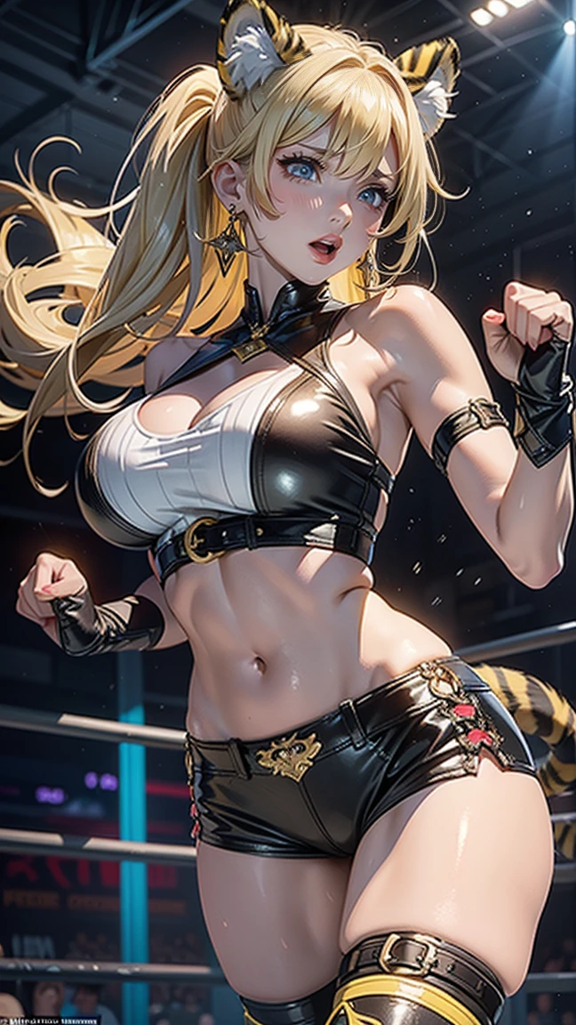 masterpiece, highest quality, (Highly detailed CG Unity 8k wallpaper), (highest quality), (Best illustrations), (Best Shadow), Confused, Realistic lighting, (abyss), Beautiful and delicate shine,victory,Random Pause,((Bare skin wet with sweat,Female professional wrestler)),Cute freckles on the cheeks,Mole under left eye,Cowboy Shot,Hair wet with sweat,A leotard-type wrestling costume with gorgeous decorations,pain,suffering,ring,Plump,Villain wrestler,Dyeing her hair blonde,