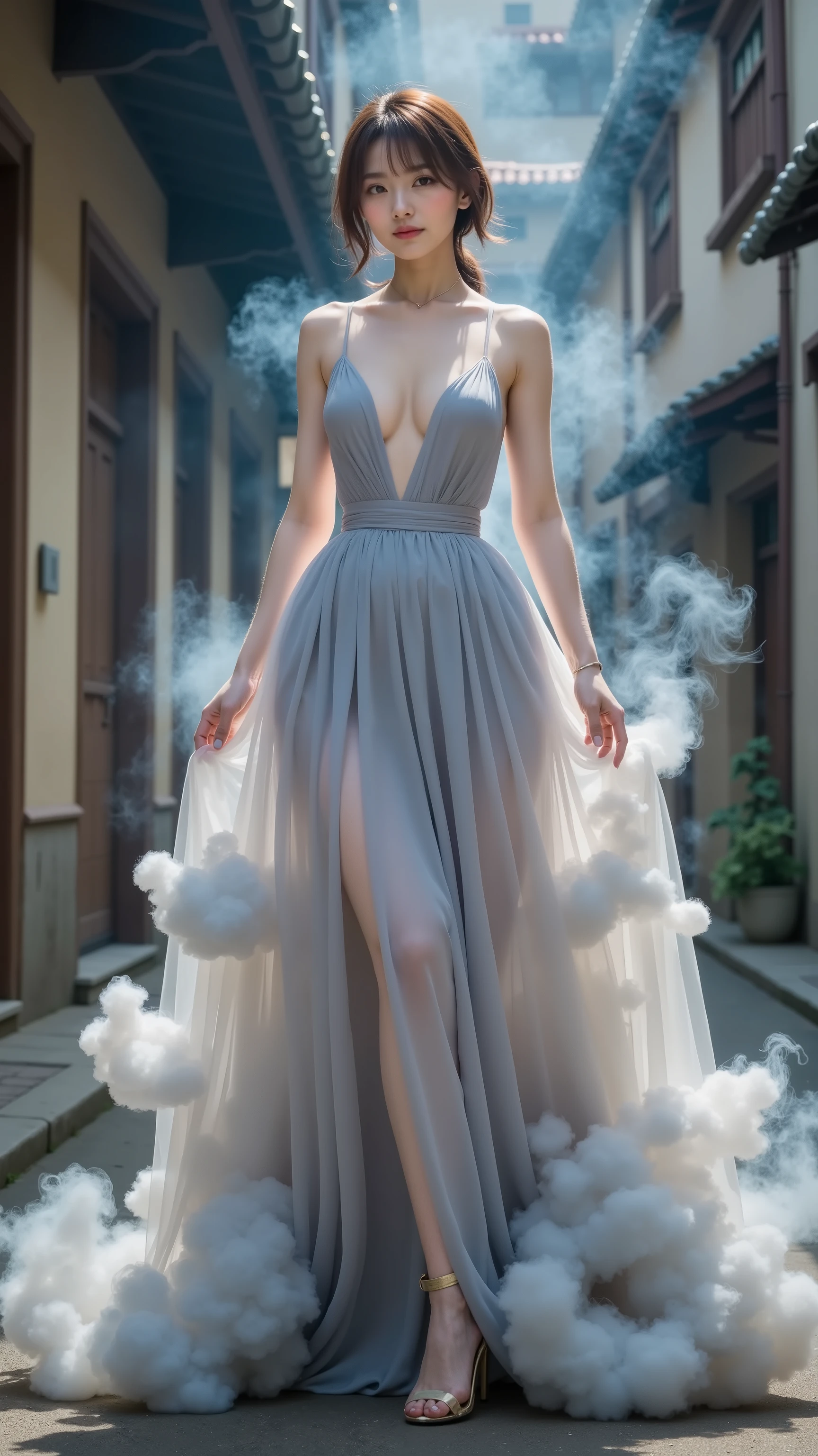 ((Beautiful Girl in a Dress Made of Smoke:1.2, melancholy fog fantasy art )), Beautiful fantasy art , fantasy art behance, (Fantasy Smoke Dress), FANTASY ART STYLE, very Beautiful fantasy art , Fantastic Dream, (Graceful Cinematic Fantasy Art, Smoke User:1.2, Beautiful Girl Made of Smoke), 8k Fantasy Art , Charlie Bowwater's Style, Beautiful Full Body Concept Art, Inspired by Magalie Villeneuve, (Beautiful Breasts, deep clevage), Slender Body Line, Highest Quality, Highest Image Quality, masterpiece, reality, Ultra High Definition