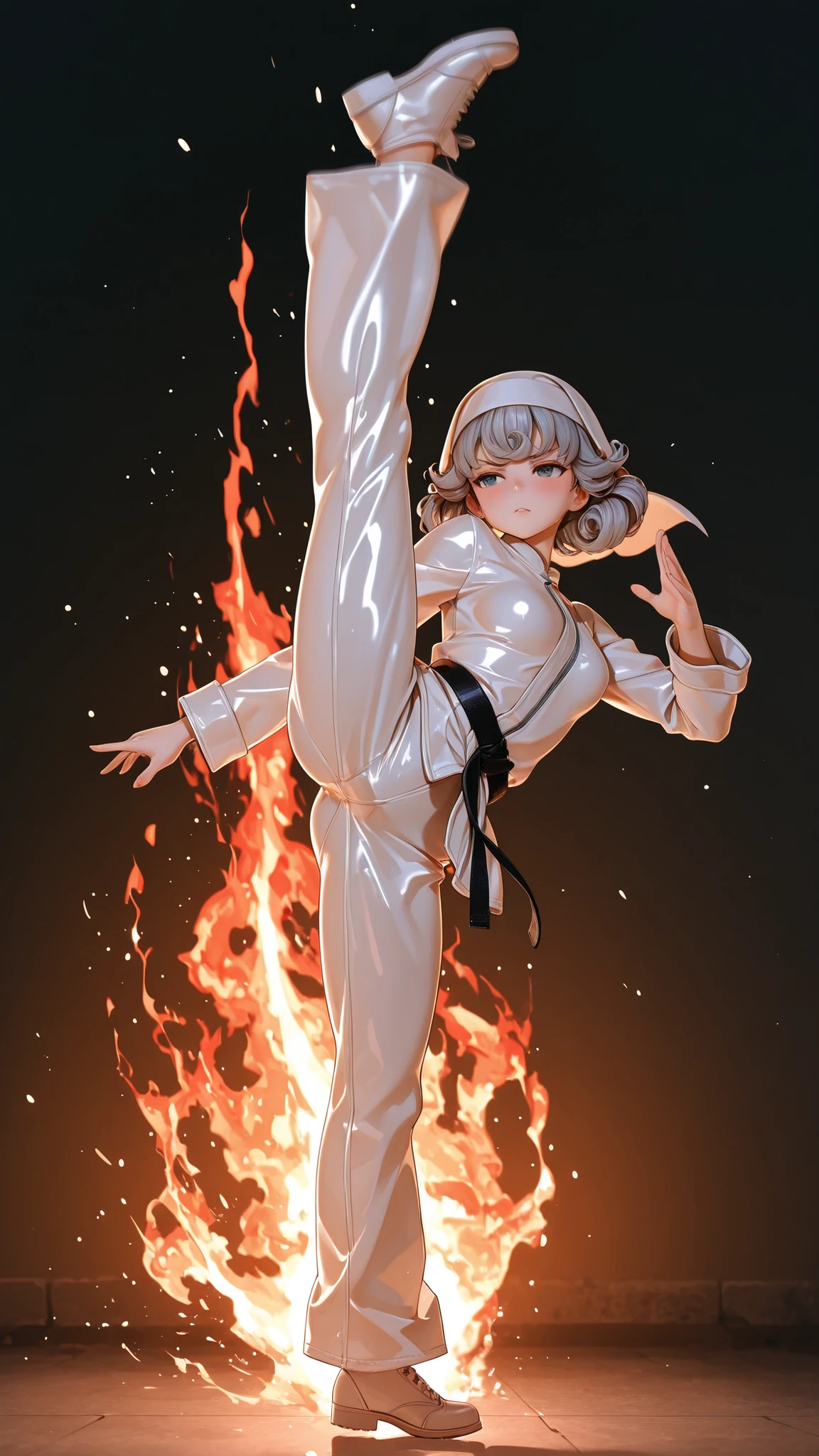 morimee_style,cute face,nun,latex,bdsm outfit,3DMM,Female martial artists have powerful high kick poses and motion blur effects wearing flames、casually draws attention with its appearance that endures dynamic movements with grace、The figure wears a traditional white karate suit and、a black belt that shows advanced skill、karate suit drapes with slight creases that express movement、adds dynamism to the image、The figure's skin is medium toned and、The curled hair flows down gracefully、is framed to almost cover the body、the background reflects a fighter、It is a sophisticated gradation of overlapping flames、The lighting casts soft shadows and accentuates the contours of the muscles、further emphasizes the strength and precision unique to martial arts、The overall feel of the image is、It's quiet concentration and discipline, and、highlights the elegance and control necessary to perform such skilful techniques、
