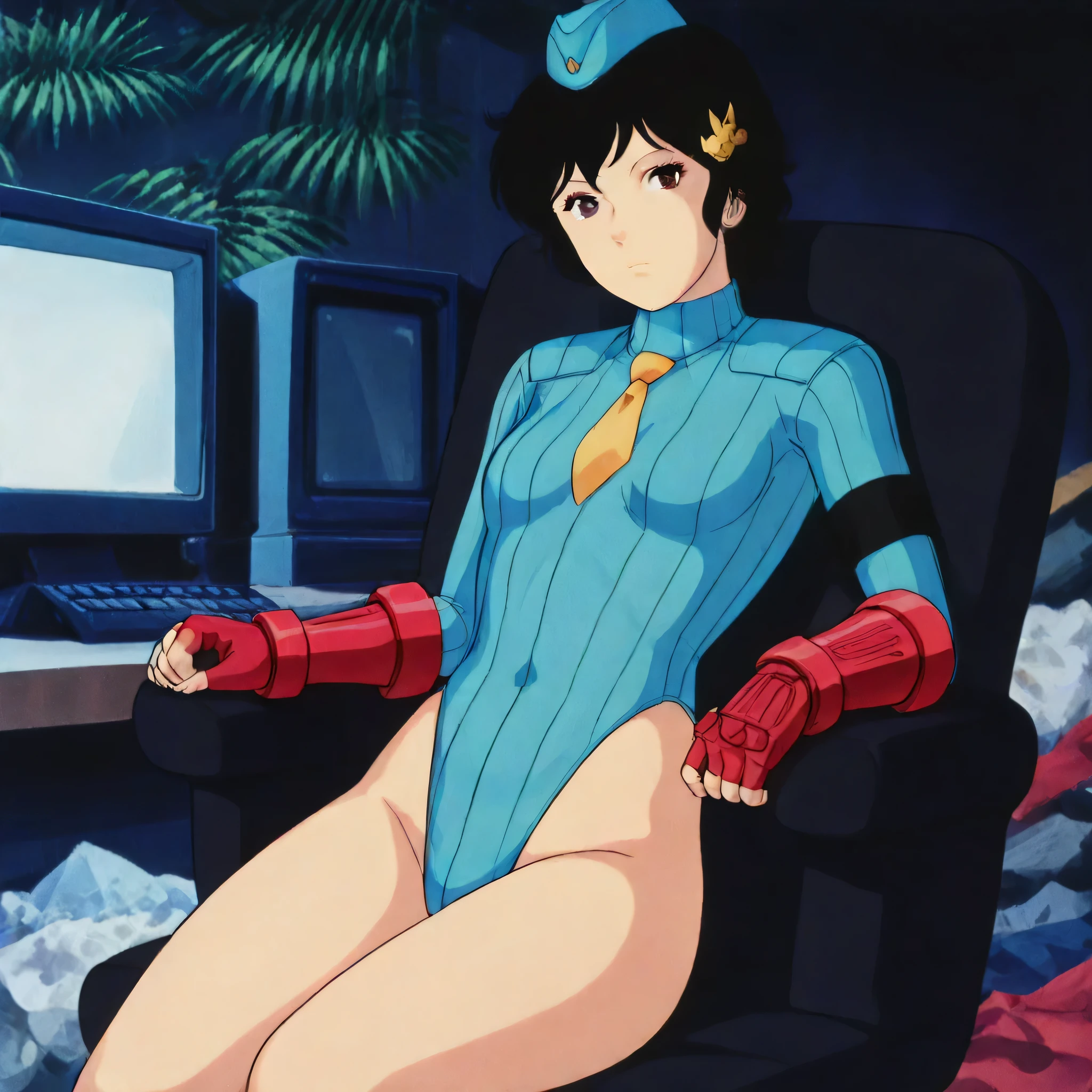 (((Masterpiece))), (((Best Quality))), ((Super Detail)), ultra-High resolution, score_9,score_8_up,score_7_up,score_6_up,score_5_up,score_4_up, BREAK, source_anime, anime screencap, uncensored, Masterpiece, (best shadow), (absurdres), (detailed background), (very aesthetic), shiny, detailed beautiful eyes, outstanding, countershading, detailed soft lighting, an exquisite animation illustration, curvy, shadaloo dolls, red gloves, hat, fingerless gloves, gauntlet, red gauntlet, leotard, cosplay, highleg, highleg leotard, garrison cap, dark persona, ribbed leotard, yellow necktie, (((solo, 1girl))), hair ornament, seductive pose, submissive pose, anime style, anime coloring, animification, megami magazine, sexy pose, small breast, expressionless, emotionless, Kisugi Ai, black hair, short hair, brown eyes, night, computer, sitting on chair, armchair, tilt head, head tilt, messy room, night, dark room, monitor, looking at object
