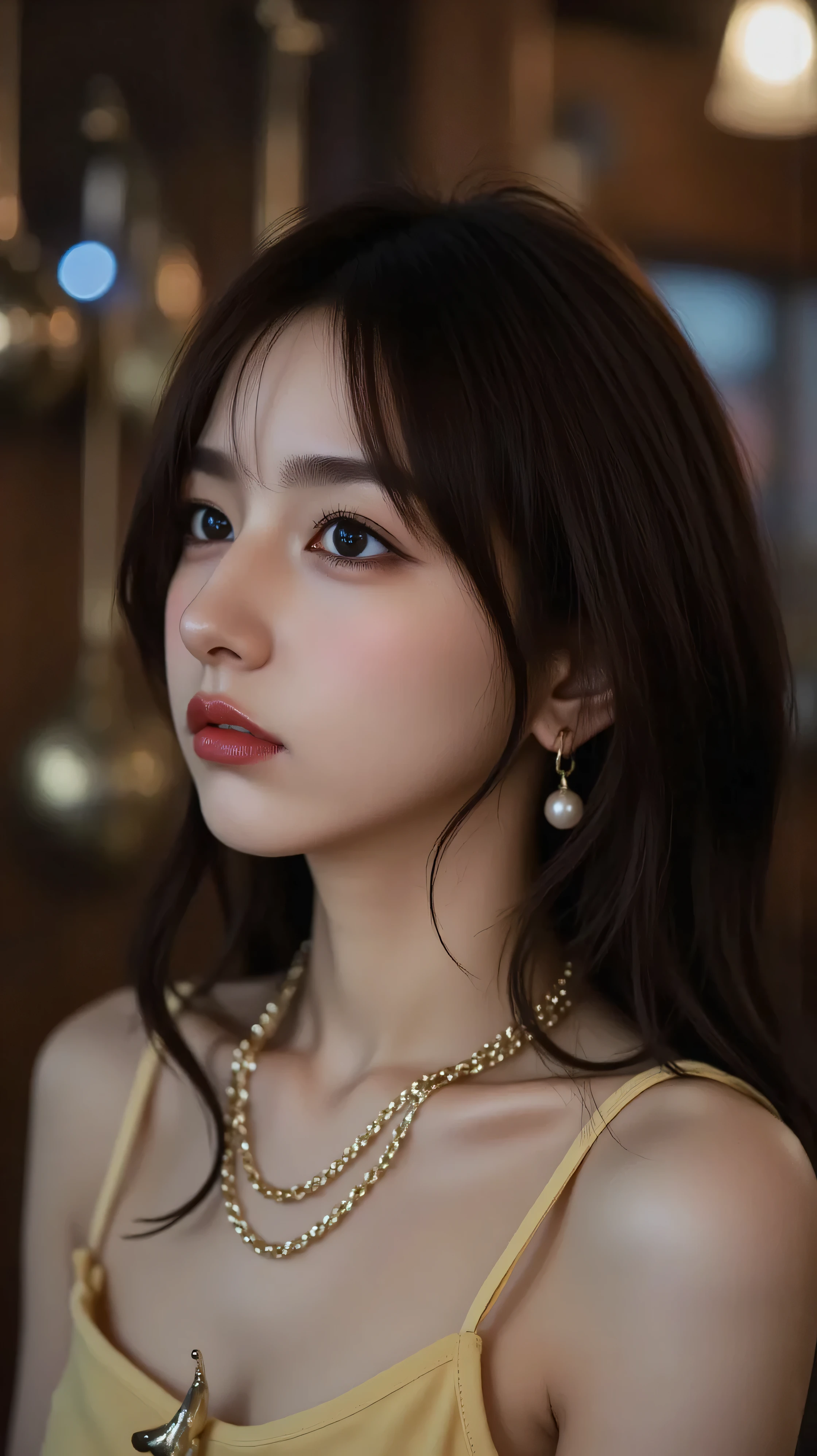 Ishikawa Ren ,An attractive woman in her 20s with wavy auburn hair and red lipstick、vintage wood elements,
woman watching the sunset at the seaside with, 3/4 views from the right. Her elegant yellow dress、they capture colorful RGB lighting from an overhead light fixture,
She has a gold thin chain necklace、There is a small gold banana on the top of the necklace、Her earrings are very beautiful pink pearls、
Create highlights on her skin. The dimly lit bar interior、features high facial details, Brass instruments on the wall, bokeh effect with out of focus lights. haze in the air, bokeh effects with out of focus lights, professional photo shoot, Canon 5D Mark IVで撮影, 50mm f/1.4 Lenses, shallow depth of field, blurry background, Cinematic Color Grading, Her elegant black dress