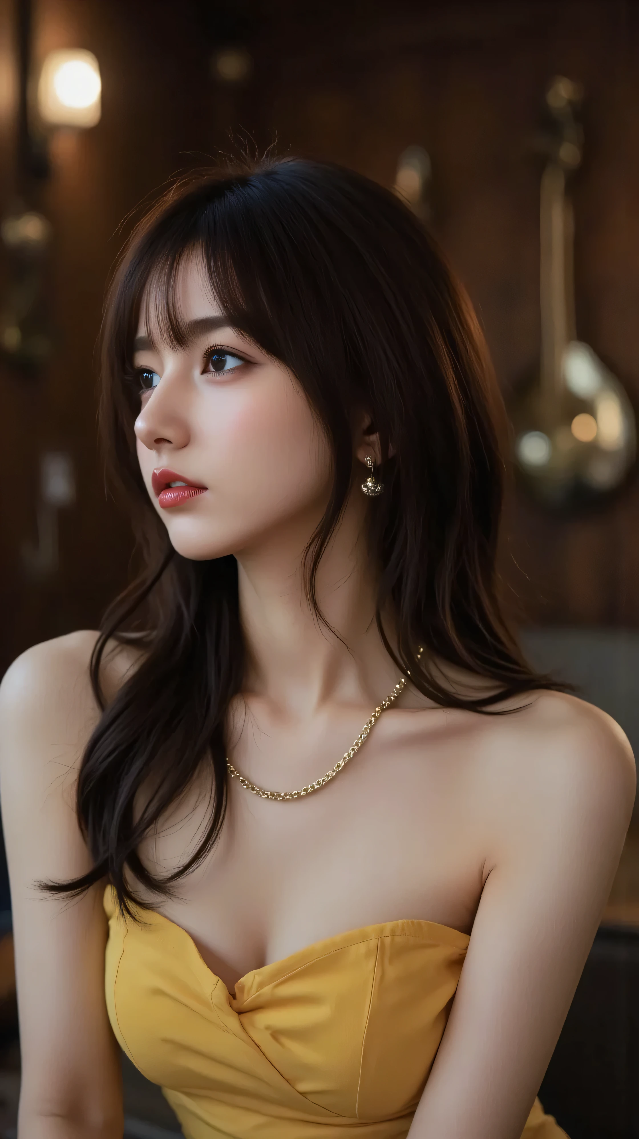 Ishikawa Ren ,An attractive woman in her 20s with wavy auburn hair and red lipstick、vintage wood elements,
woman watching the sunset at the seaside with, 3/4 views from the right. Her elegant yellow dress、they capture colorful RGB lighting from an overhead light fixture,
She has a gold thin chain necklace、There is a small gold banana on the top of the necklace、Her earrings are very beautiful pink pearls、
Create highlights on her skin. The dimly lit bar interior、features high facial details, Brass instruments on the wall, bokeh effect with out of focus lights. haze in the air, bokeh effects with out of focus lights, professional photo shoot, Canon 5D Mark IVで撮影, 50mm f/1.4 Lenses, shallow depth of field, blurry background, Cinematic Color Grading, Her elegant black dress