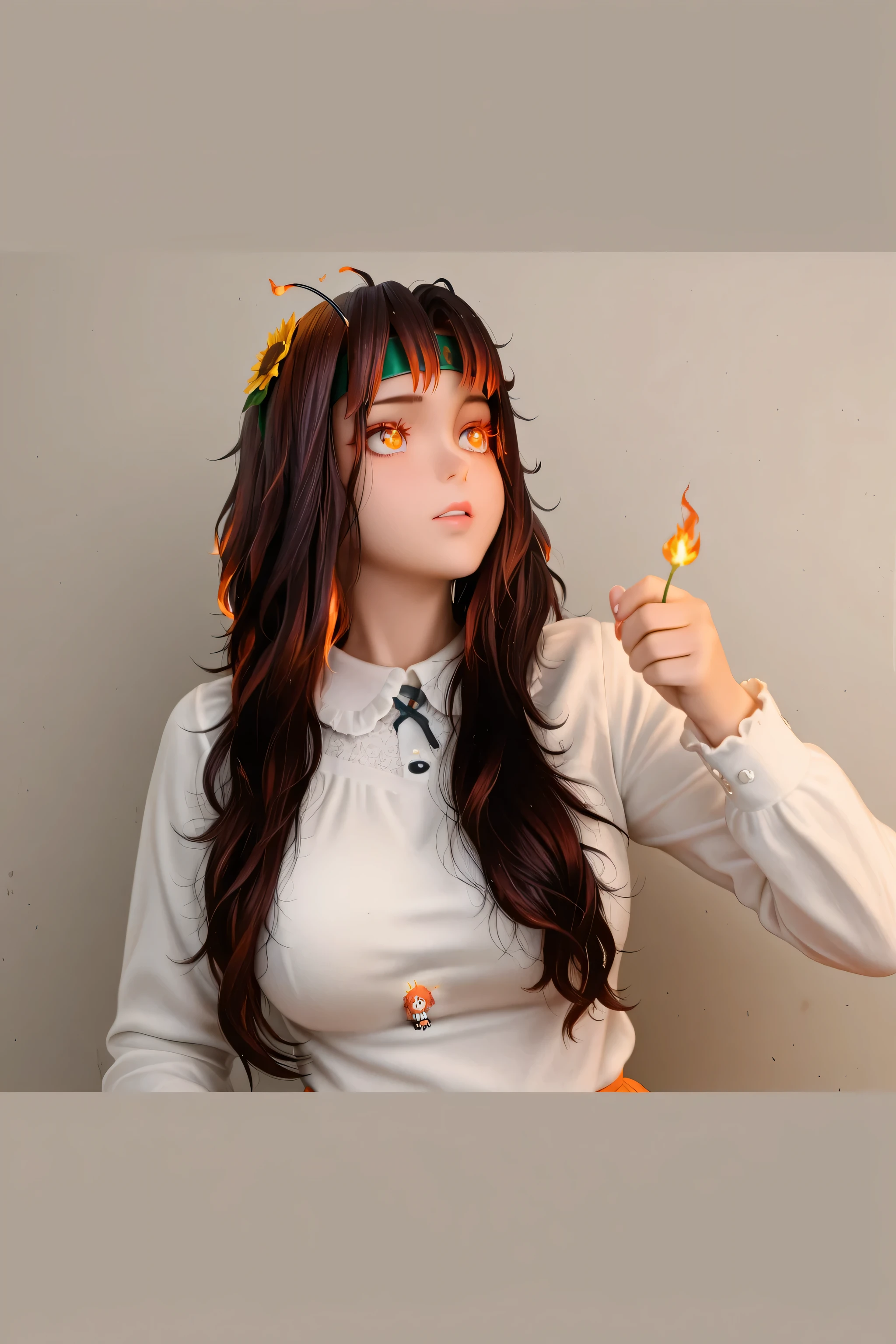 masterpiece, Highest quality, amazing quality, perfect face, the highest resolution, anime style, hentai anime style, 3DCG style, 1girl, Alone, (chibi), sandori, Sun Girl, fiery hair, red and orange hair, messy hair, short hair, soft and wavy hair, sunflower hair accessory, Headband, tail on fire, flaming alas, solar antennas, burning eyes, sun-themed clothing, flared skirt, , orange skirt, flared skirt,