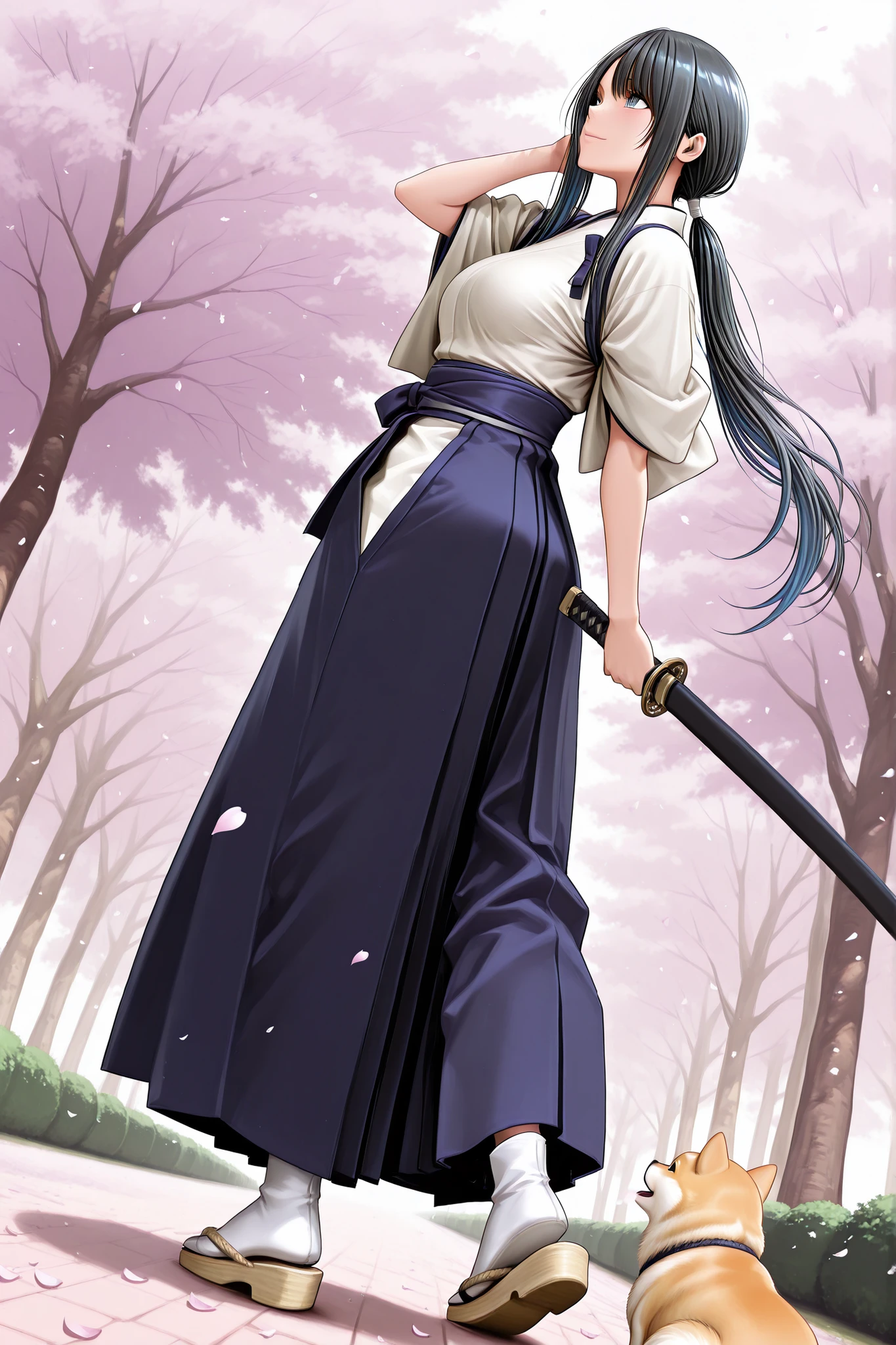 masterpiece, best quality, all detailed, high resolution,1 girl, solo, black hair, blue eyes, long hair, low ponytail, sidelocks, white tie ponytail, white kimono clothes, (white tasuki:1.05), indigo obi, indigo hakama pants, white tabi, Light Yellow straw sandals, holding katana in black scabbard, crimson comics,  Slender, , tsurime, light smile, hand in own hair, dutch angle, back  view, walking avenue of cherry blossom trees in full bloom, outdoor, impressive panoramas, gigantic scale ,looking up cherry blossom trees, wind,(petals:1.2),round-faced shiba inu puppy with cheerful expression, shiba inu is looking up her, fine pea gravel ground