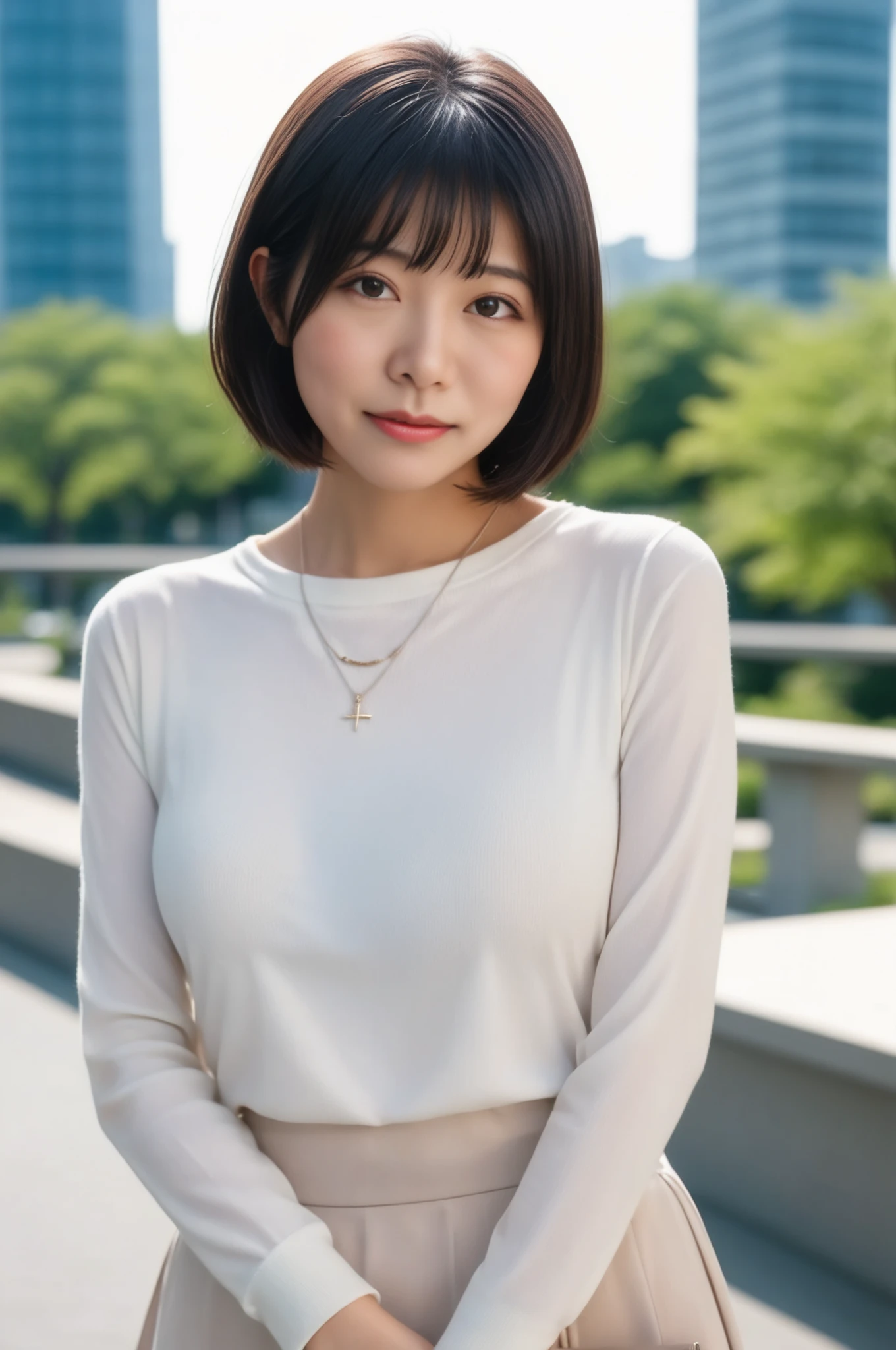 (skin blemish:1.2), (skindentation), black eye, 1woman, 25yo, (((woman))), solo, realistic,  best quality, photorealistic, masterpiece, 8k, high res, solo, extremely detailed face,  (professional lighting, bokeh), (light particles, lens flare, glowing particles:0.6), (dynamic pose:1.2), soft lighting, top angle view, fashionable and trendy atmosphere, japan, street, tokyo, city, ((daytime)), sky, wire cable,  ((looking at the viewer:1)), (looking at the camera),(portrait:0.6), cowboy shot, gorgeous, standing, keep original facial proportion, wide shoulder, full body,  (small breast),  (medium hair), brown hair, floating hair, lips, lipstick, seductive smile, floating hair, smile, open_mouth, teeth, (white blouse), (jumper skirt), eyelashes, mole, (mole under eye:1),   <lora:NishinoN_V2:0.8>