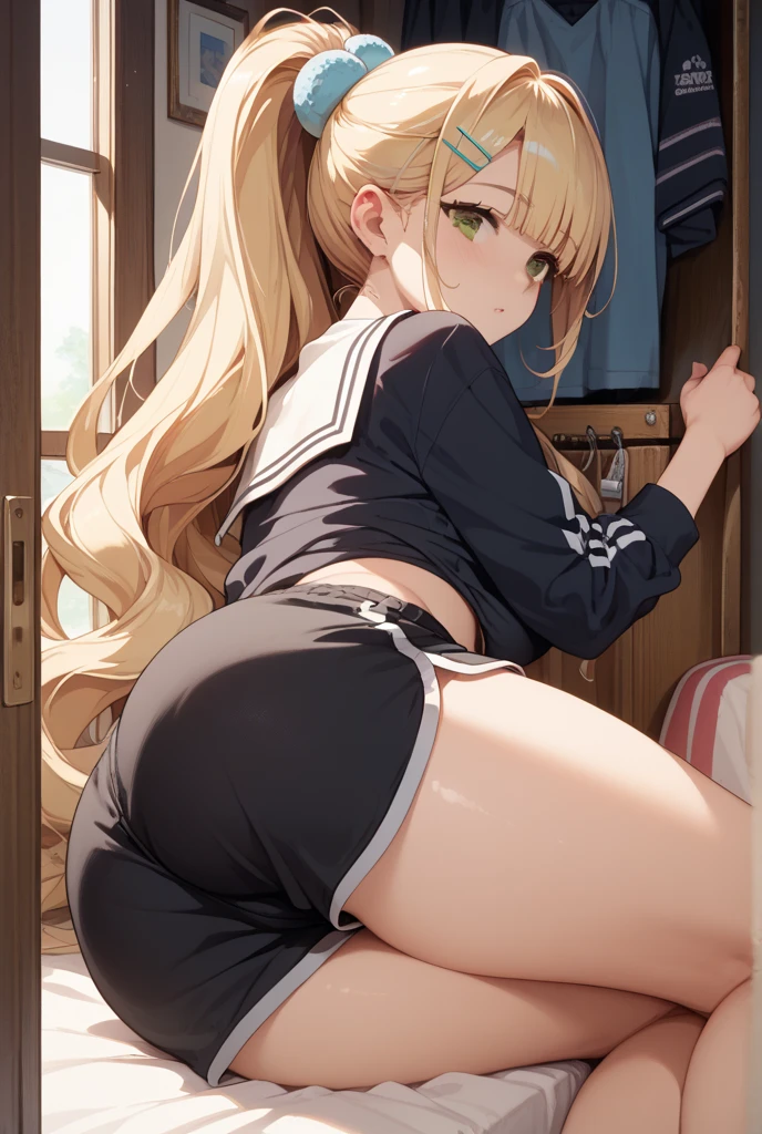 sexy,solo,girl,(wavy hair,blonde hair),
(school uniform:1.2),baggy socks,
On bed,