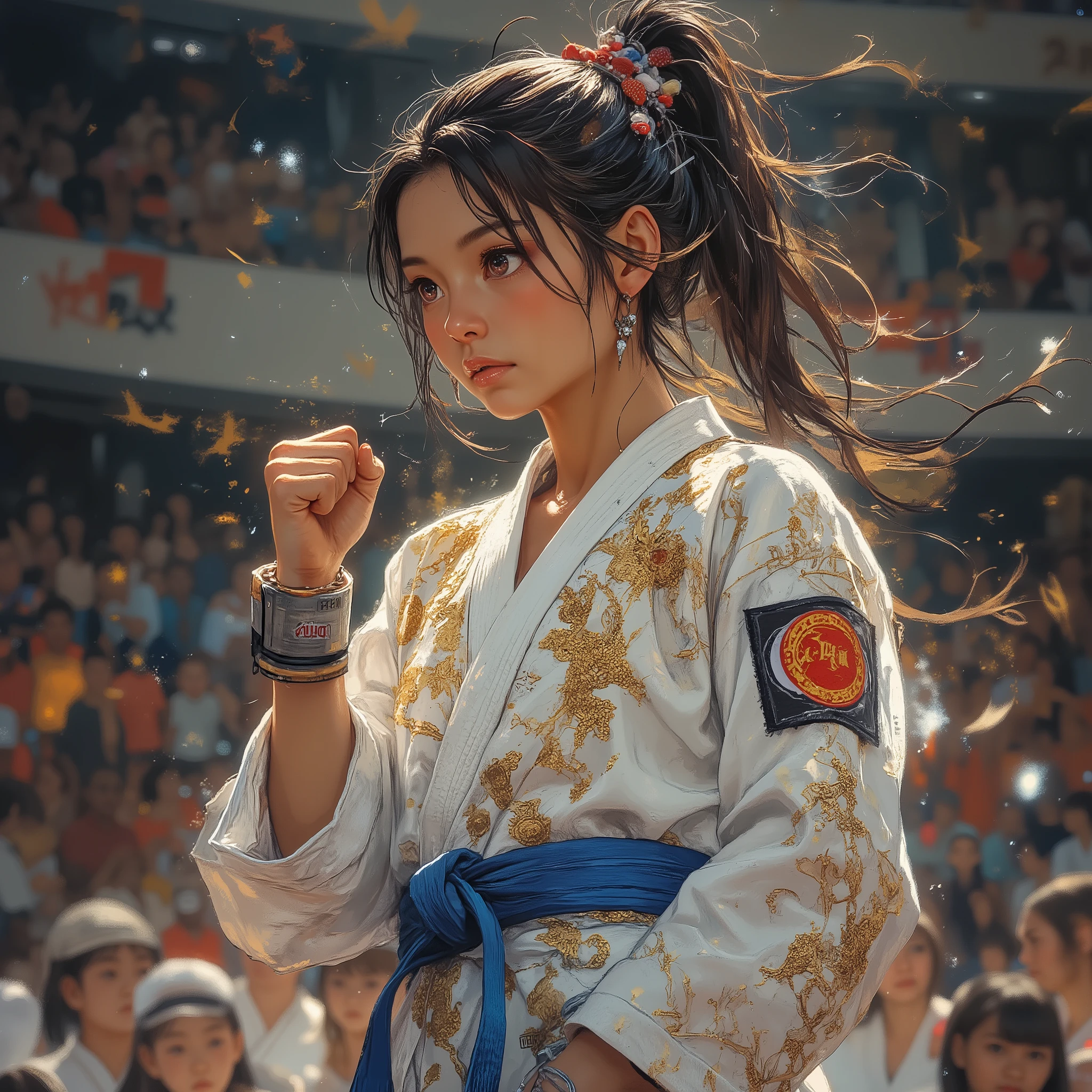tense air at the tournament venue、female karate artist showing determination as a martial artist、proof of high rank shown by gold embroidery、expression full of quiet determination before the game、formal attire with a pure white suit and blue belt、blue x} A clenched fist protected by a fist supporter {x} Japanese dojo name and sponsor patch details on the right sleeve、in the background、Blurred audience seats and referee seats、just before the gong announcing the start of the game、mysterious atmosphere created by lighting、Serious profile shining with sweat、professional sports photography、Ultra High Definition、portrait that conveys emotion