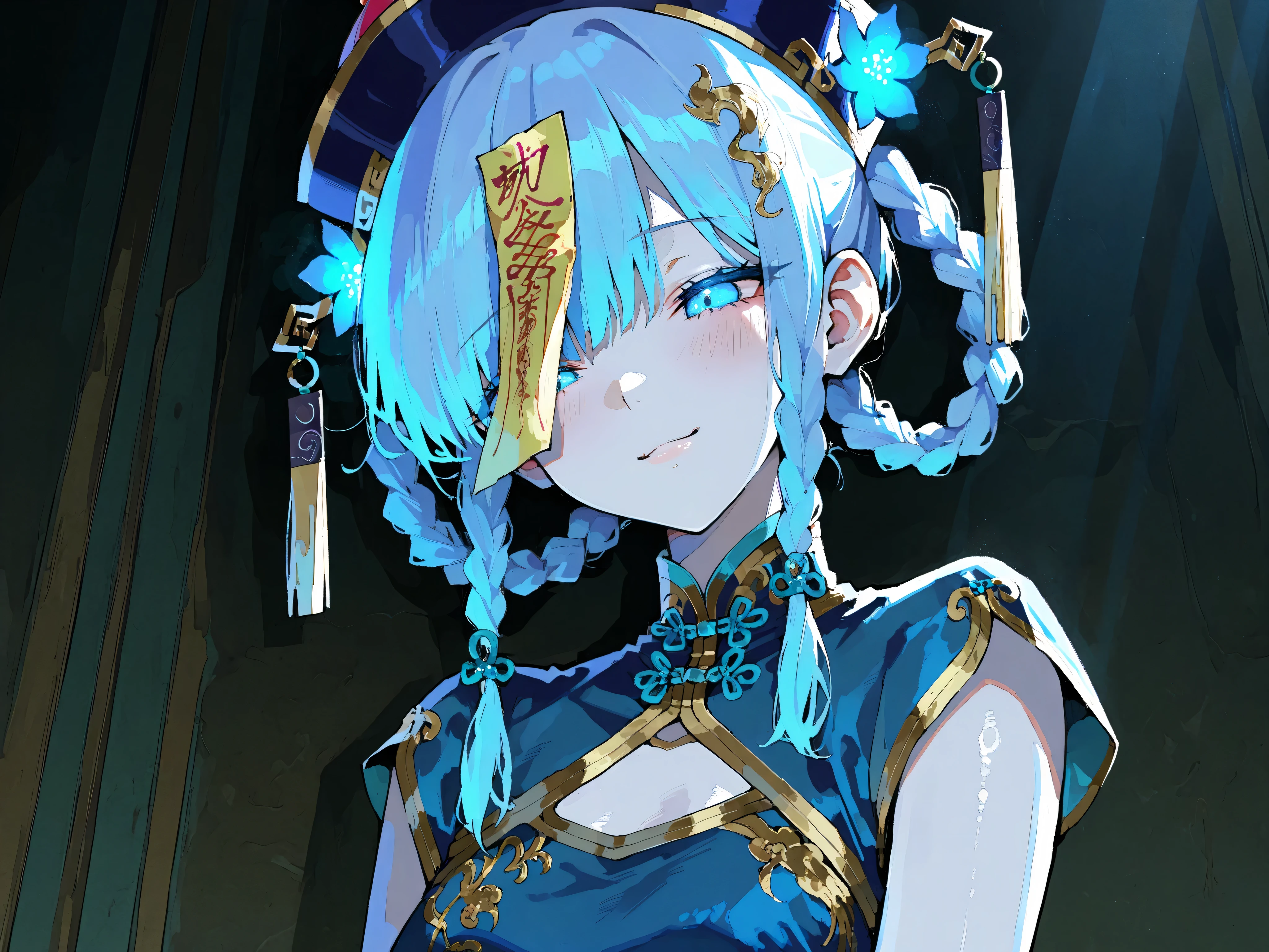 cute jiangshi girl upper body, beautiful anime girl, fair skin, chinese qipao dress, elegant blue and gold chinese outfit, glowing talisman on forehead, detailed hair ornaments, twin braids, soft lighting, smooth skin, delicate expression, charming smile, anime style, highly detailed, masterpiece, best quality, finely detailed fabric, traditional chinese style
